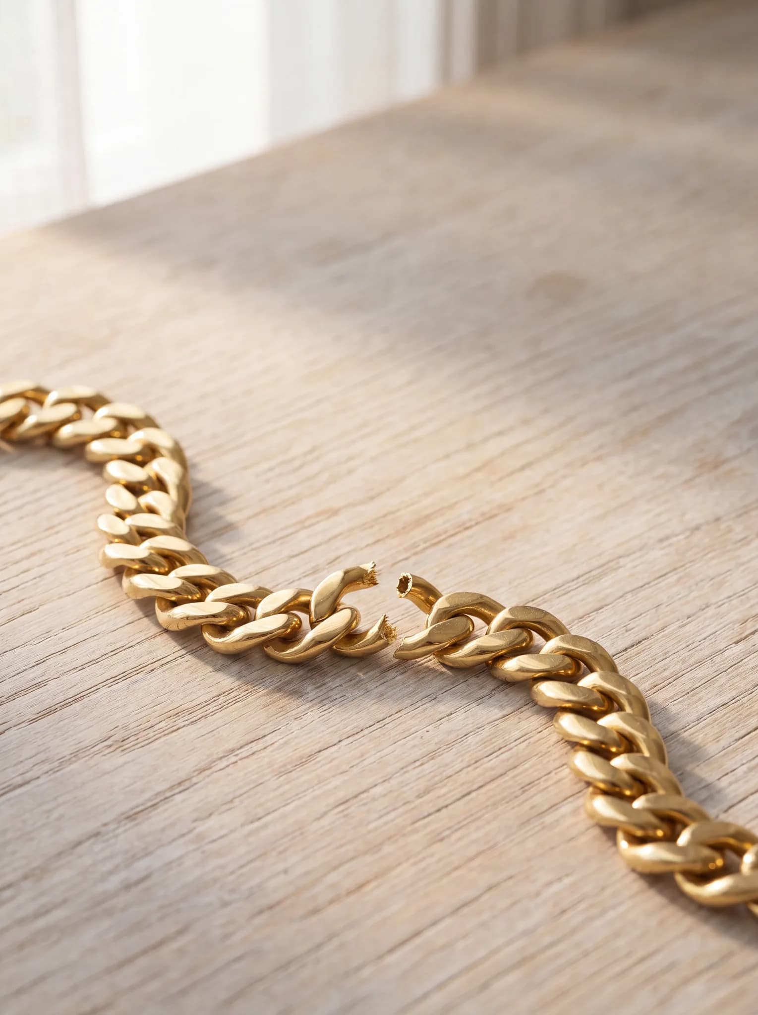 A gold chain with a broken link resting on a pale wood surface at ATL Luxury Jewelry, Snellville GA