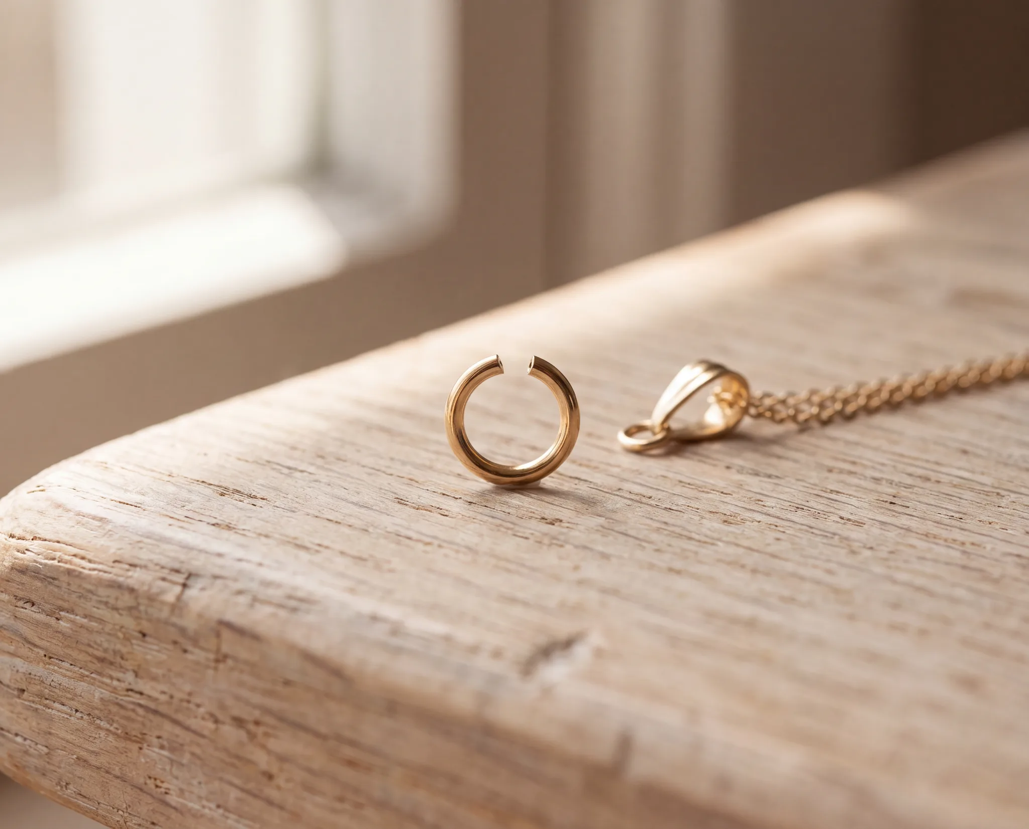 An open jump ring that has separated from a chain, resting on a pale wood surface