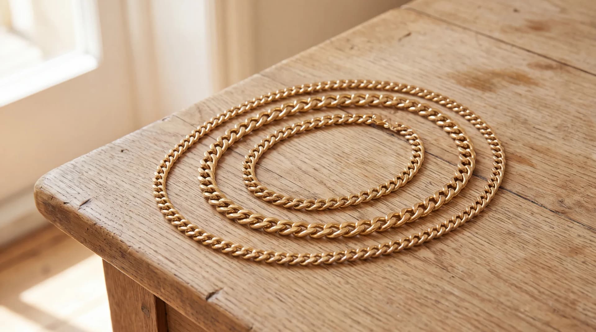 Three gold chains of different lengths laid side by side on a pale oak wood surface