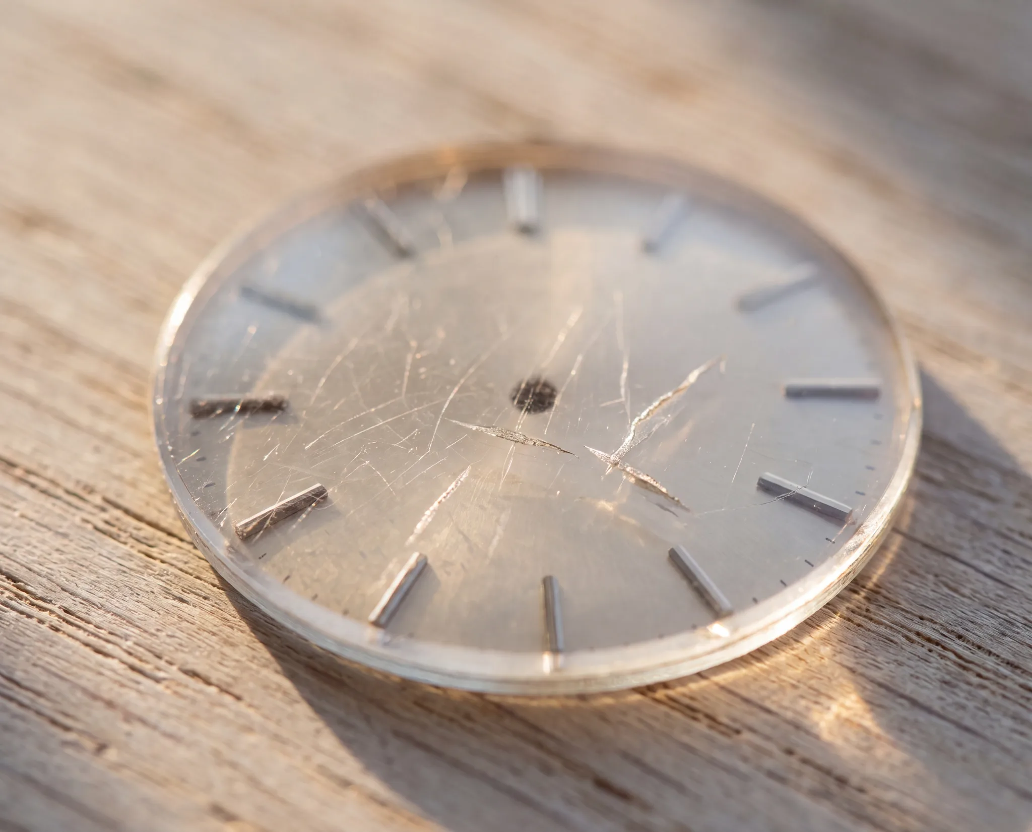 Extreme macro of a wristwatch crystal covered in a dense web of fine scratches and a deeper crack, over a blank dial with baton hour markers, resting on a pale weathered oak table