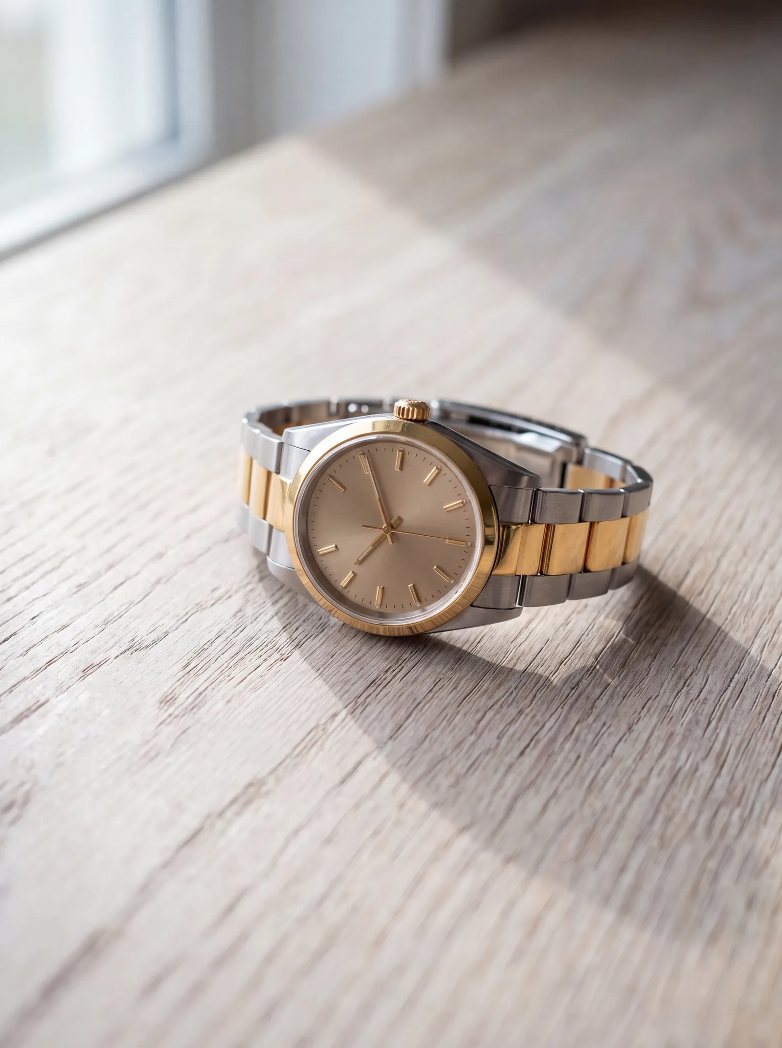 A two-tone steel and gold wristwatch with a champagne dial, gold baton hour markers and a fluted gold bezel and crown, lying on a pale weathered oak table in soft window light at ATL Luxury Jewelry, Snellville GA