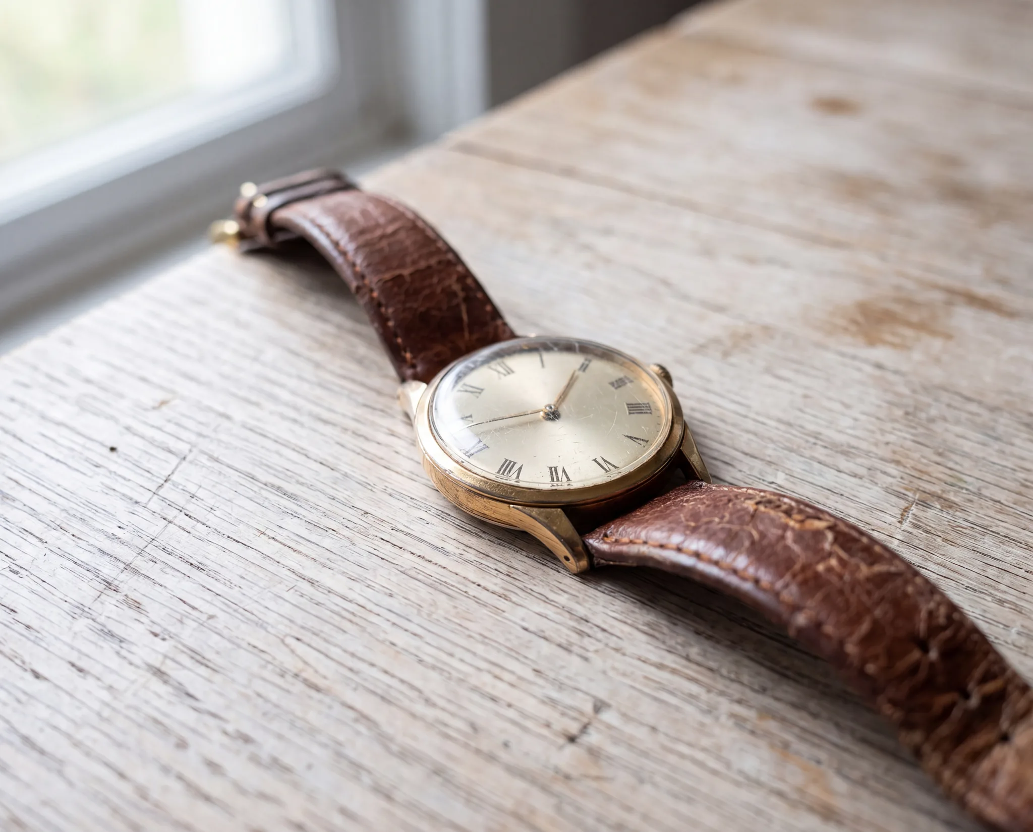 A vintage gold wristwatch with a cream dial, Roman numerals and a brown leather strap, lying on a pale weathered oak table near a window