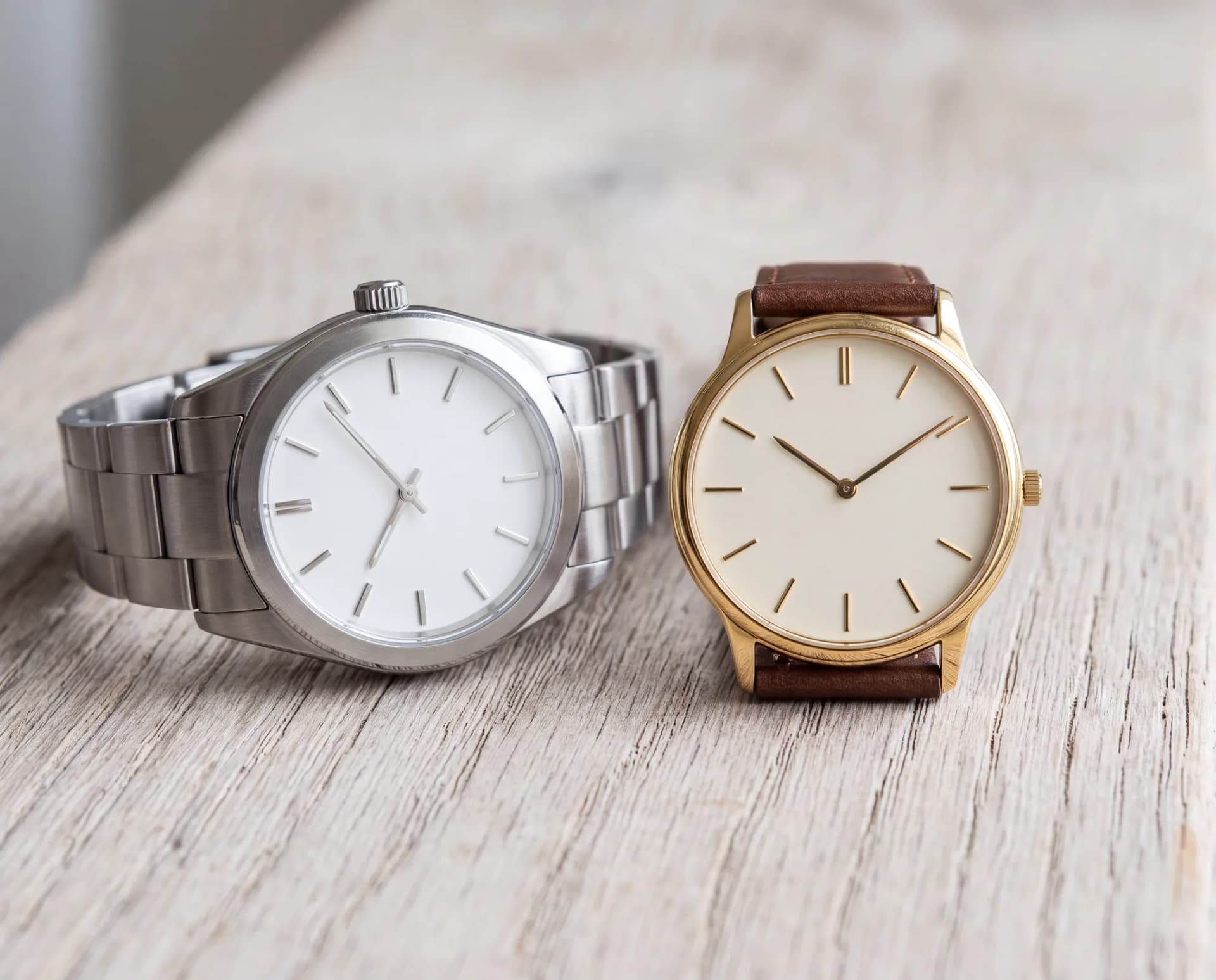 Two wristwatches side by side on a pale weathered oak table, one steel-cased with a white dial and matching bracelet, the other gold-toned with a cream dial on a brown leather strap