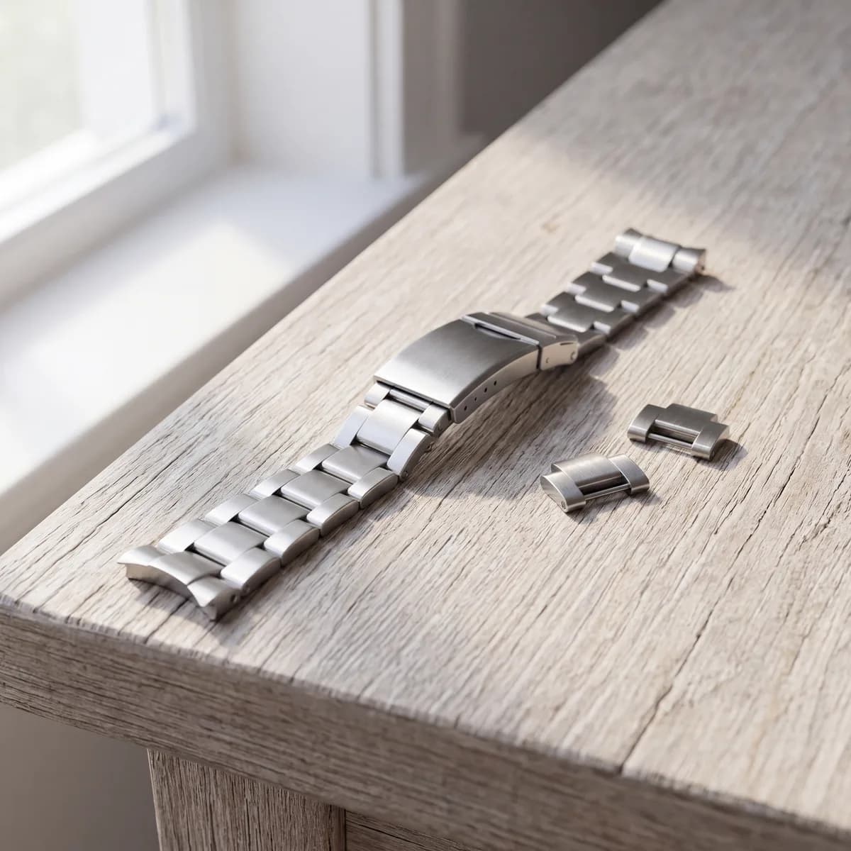 A steel watch bracelet with two loose links beside it on a pale weathered oak table at ATL Luxury Jewelry, Snellville GA