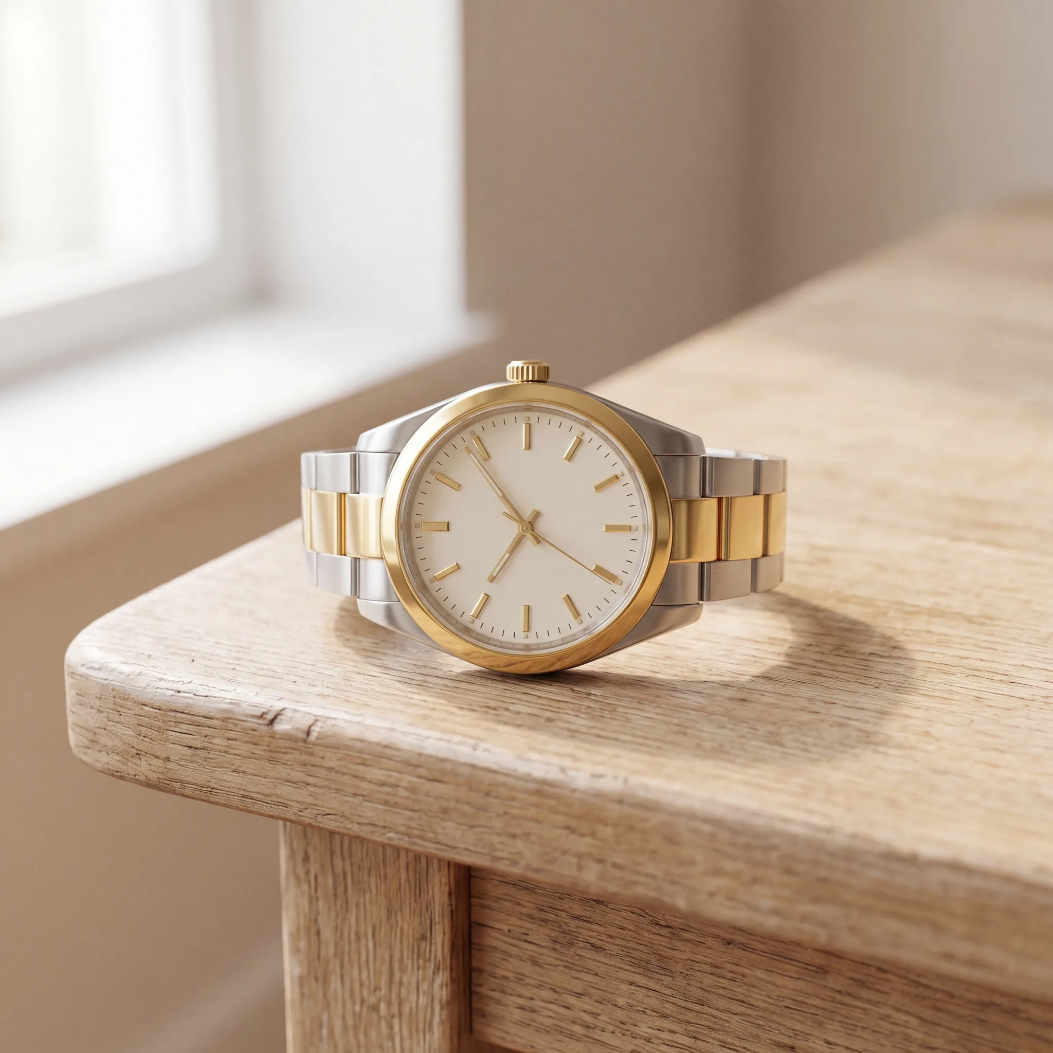 A two-tone steel and gold wristwatch on a matching link bracelet, with a cream dial, gold baton hour markers and hands, a polished gold bezel and a fluted gold crown, lying on a pale weathered oak table in soft window light at ATL Luxury Jewelry, Snellville GA
