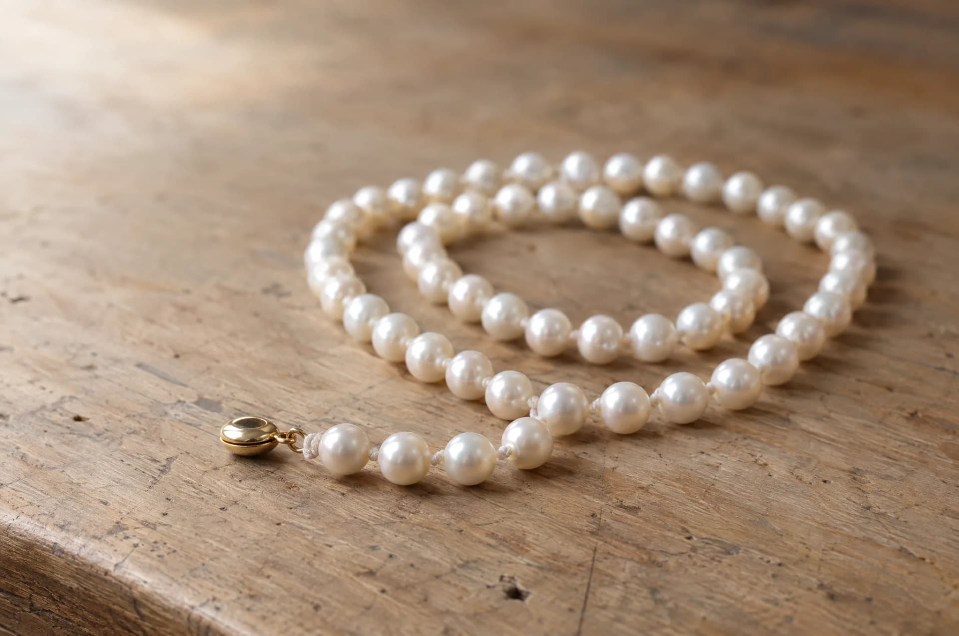 A pearl strand resting on a plain wood surface, brought in for repair at ATL Luxury Jewelry, Snellville GA