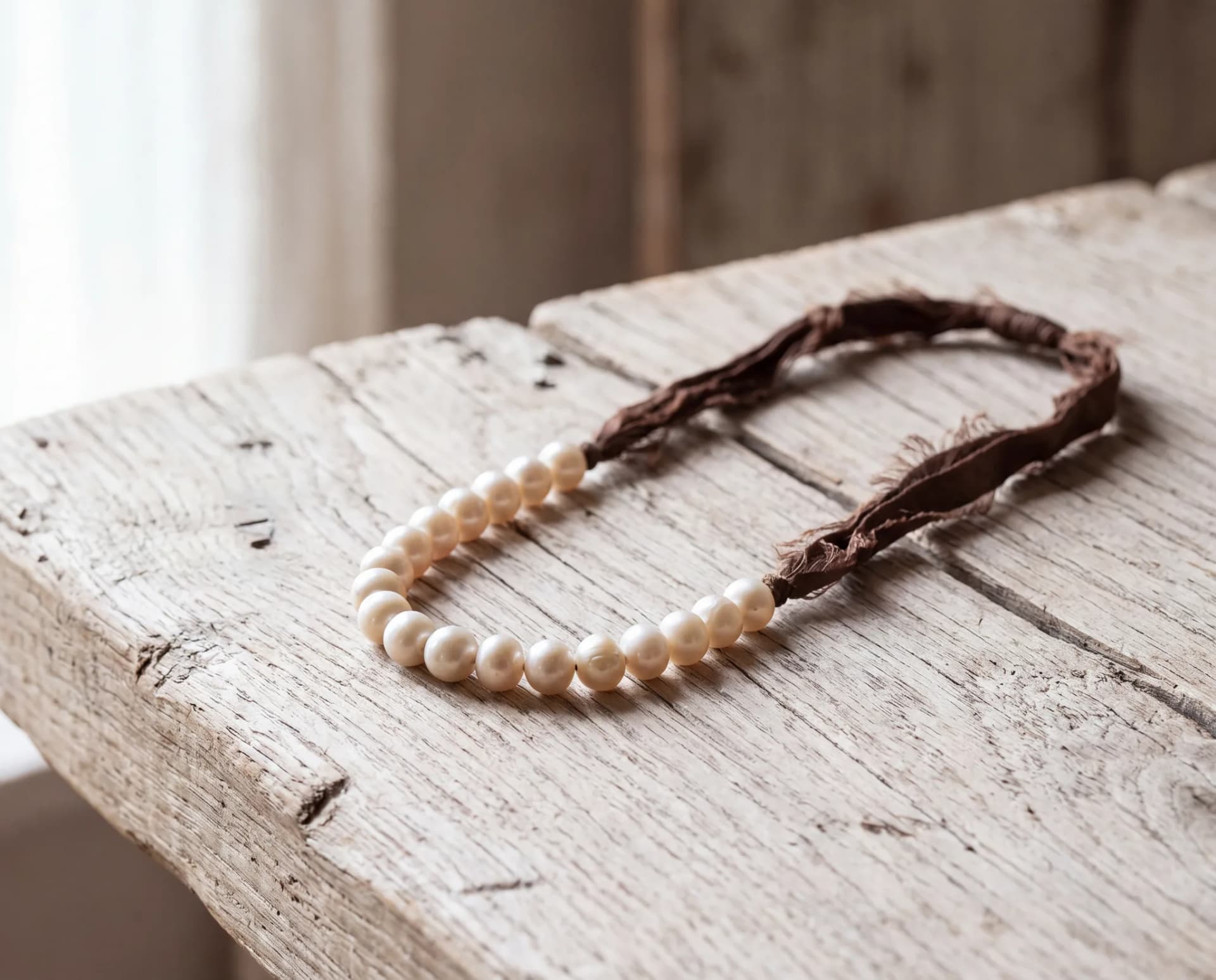An aged pearl strand on a pale wood surface strung on darkened cord