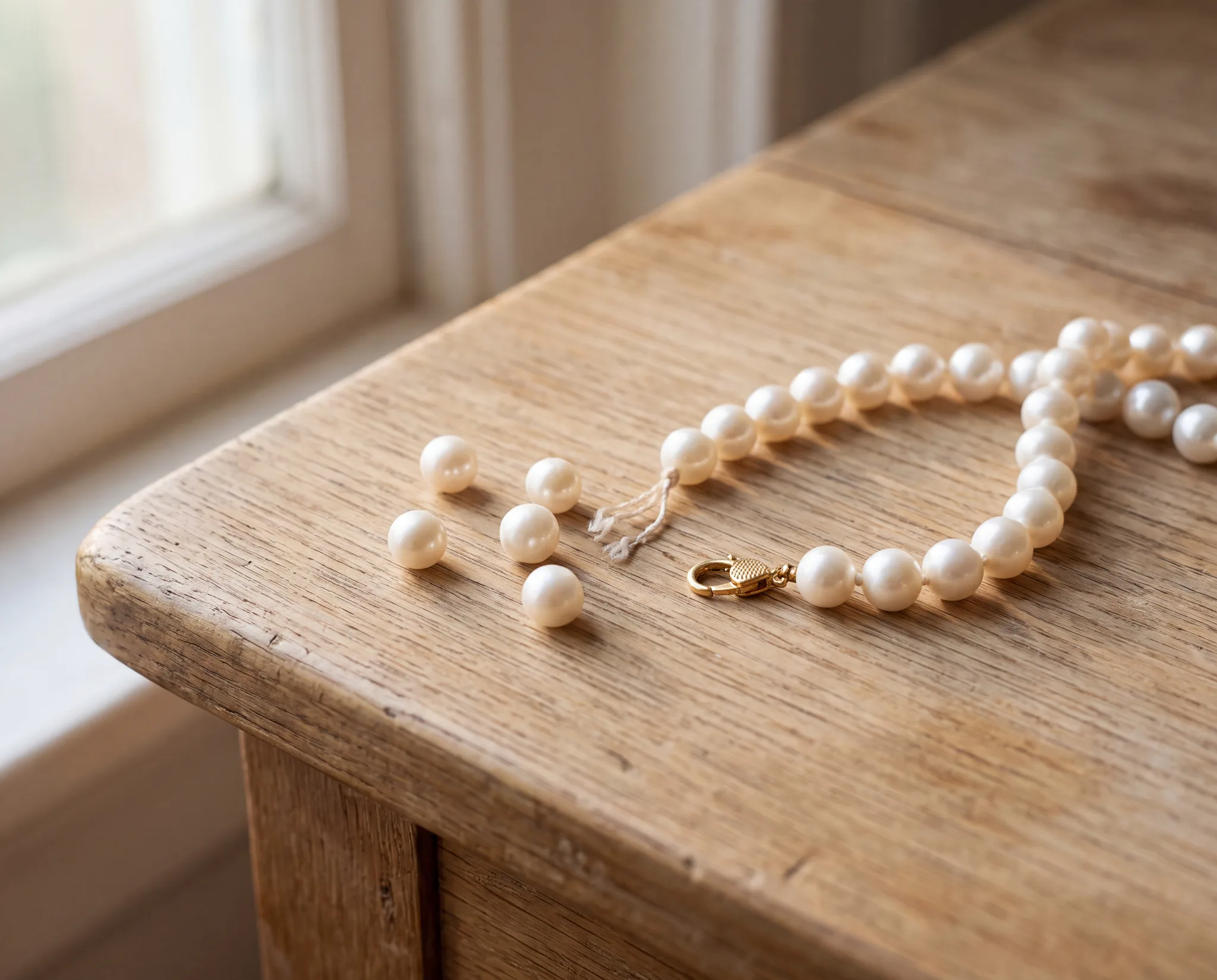 A broken pearl strand on a pale wood surface with loose pearls scattered beside the severed cord