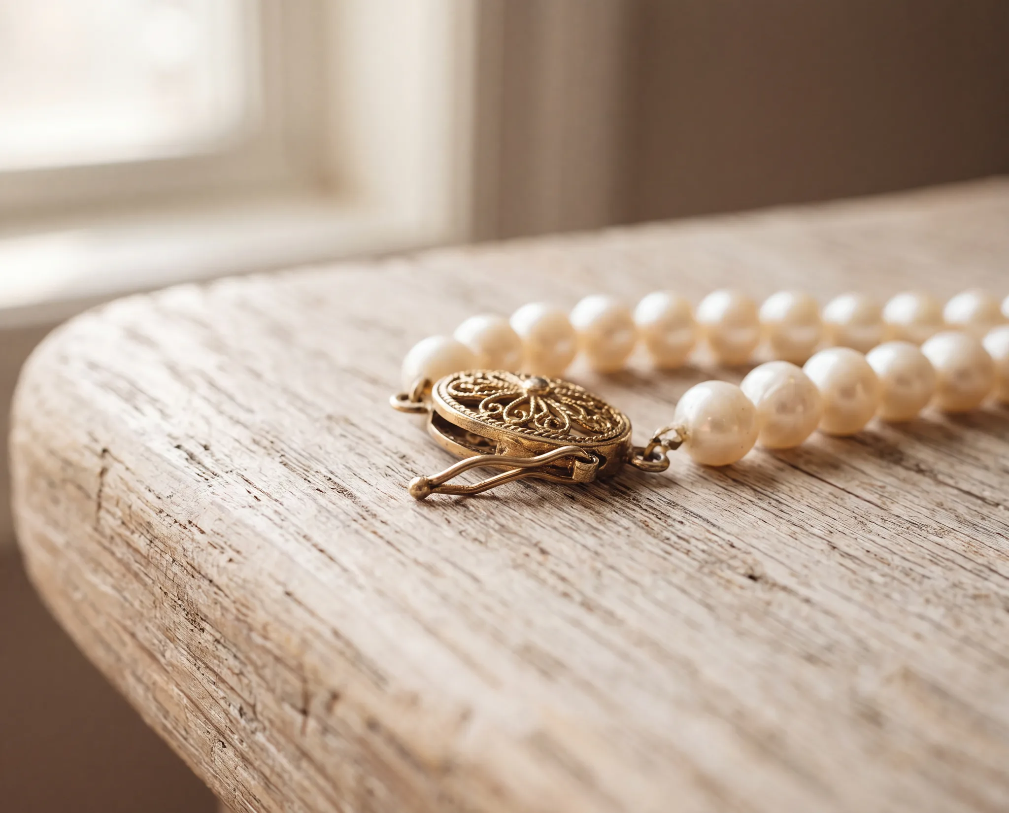 The gold clasp on a pearl strand resting on a pale wood surface, visibly worn and hanging open