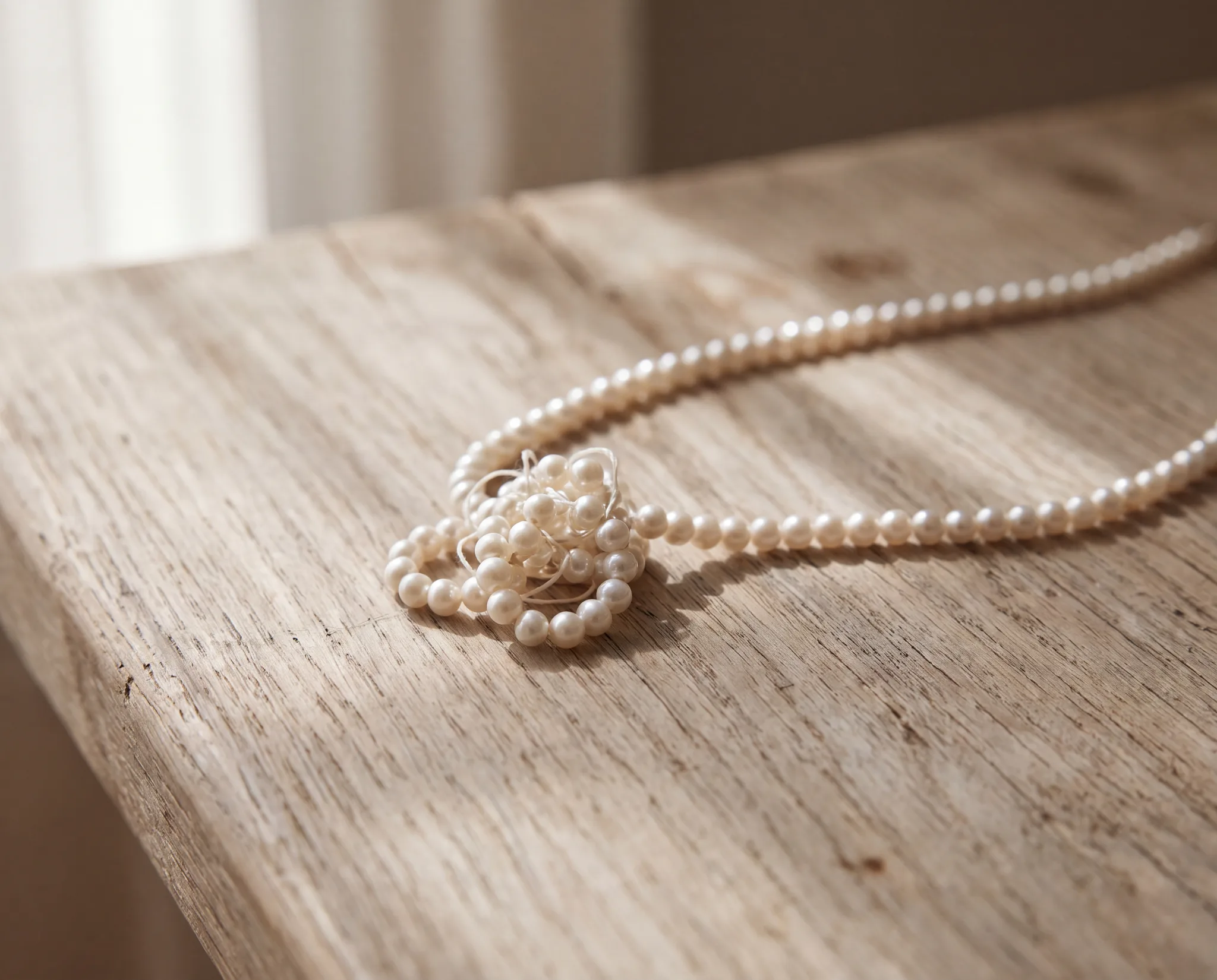 A pearl strand on a pale wood surface with several pearls bunched together where a knot has slipped
