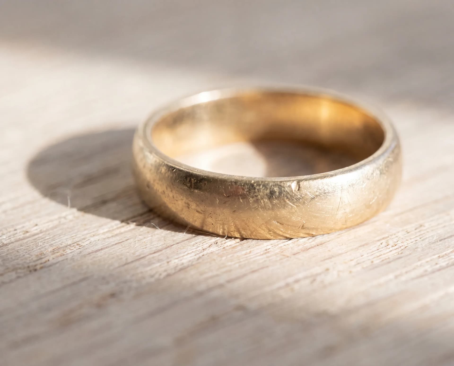 A dull scuffed gold band on a pale wood surface, its surface clouded from years of wear