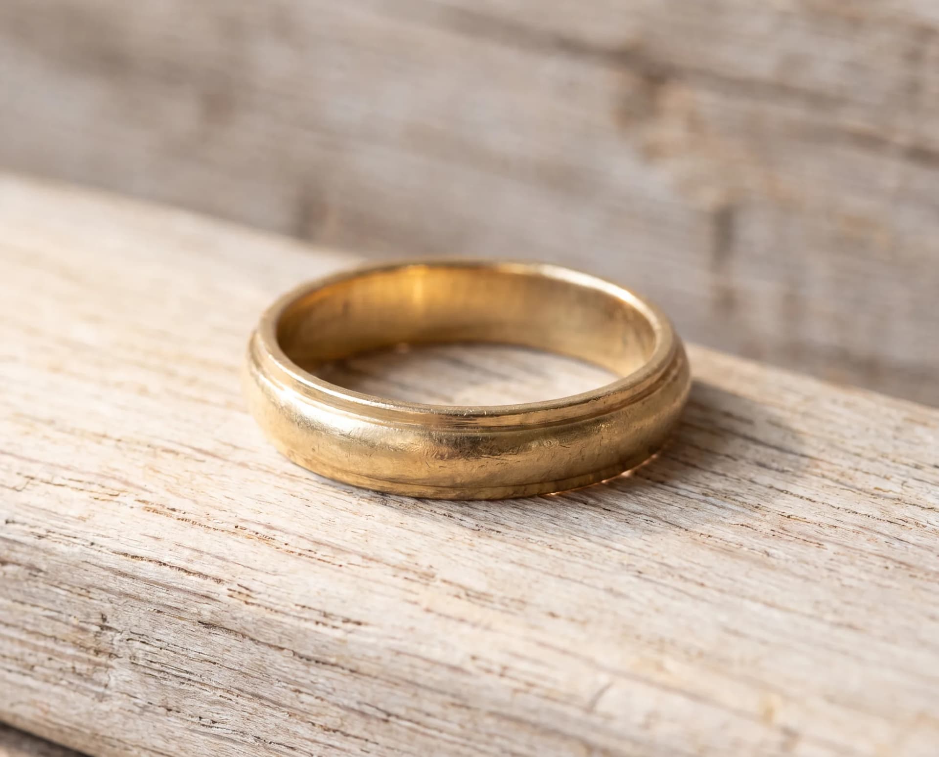 A gold ring on a pale wood surface with one edge visibly rounded and softened from wear