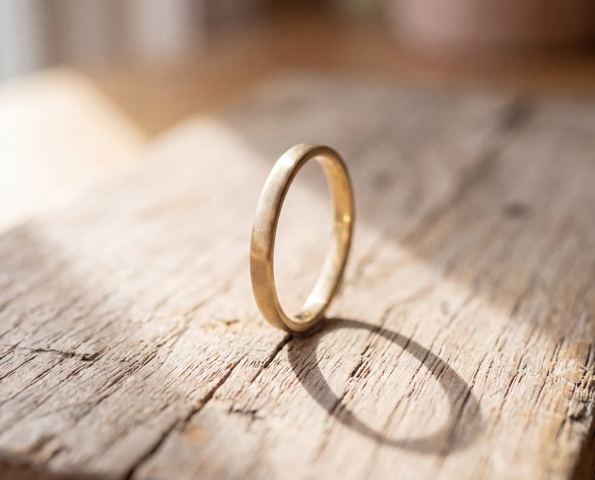 A narrow gold band standing upright on a pale wood surface, visibly small and tight