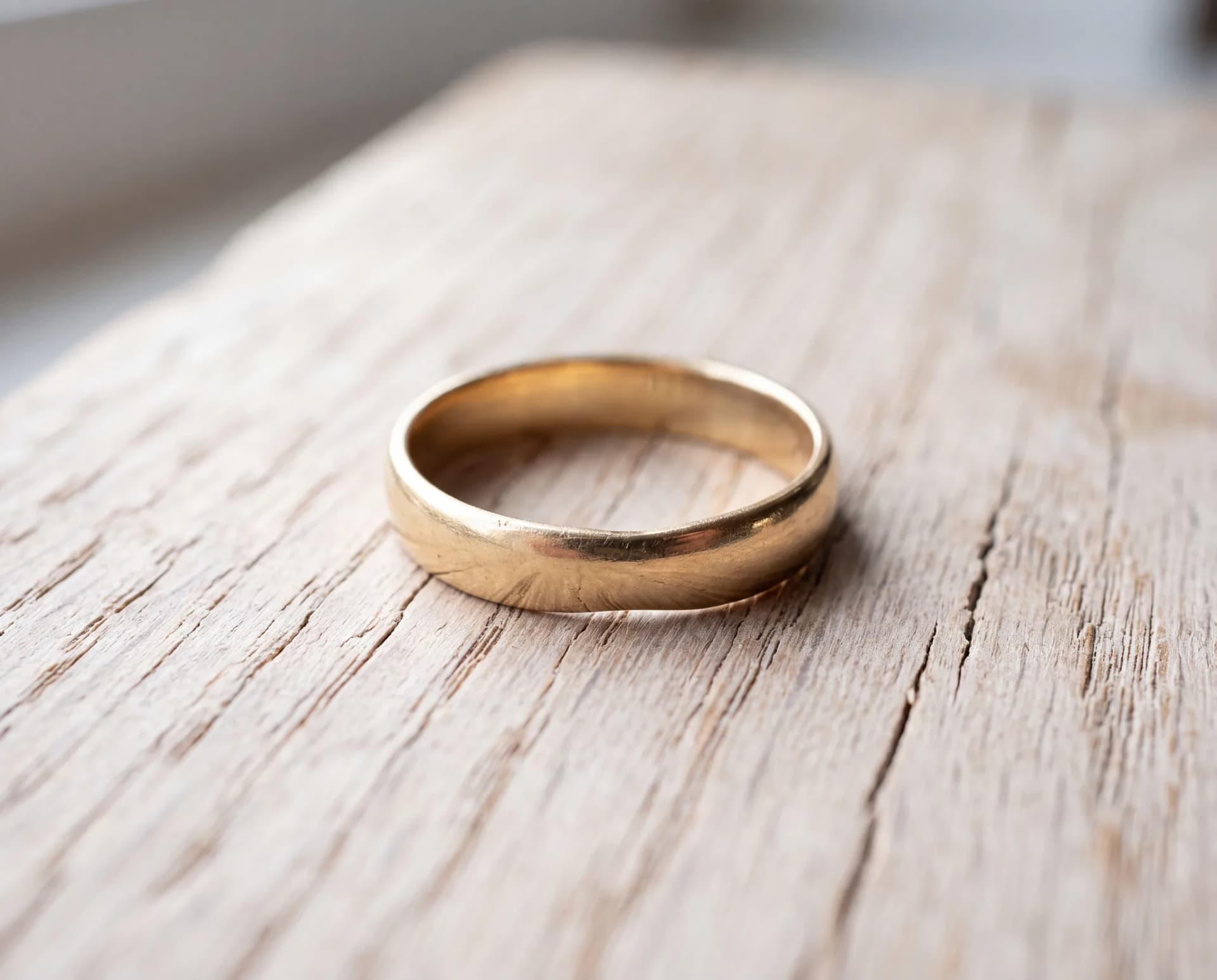 A gold band on a pale wood surface with the bottom of the shank worn thin and flattened