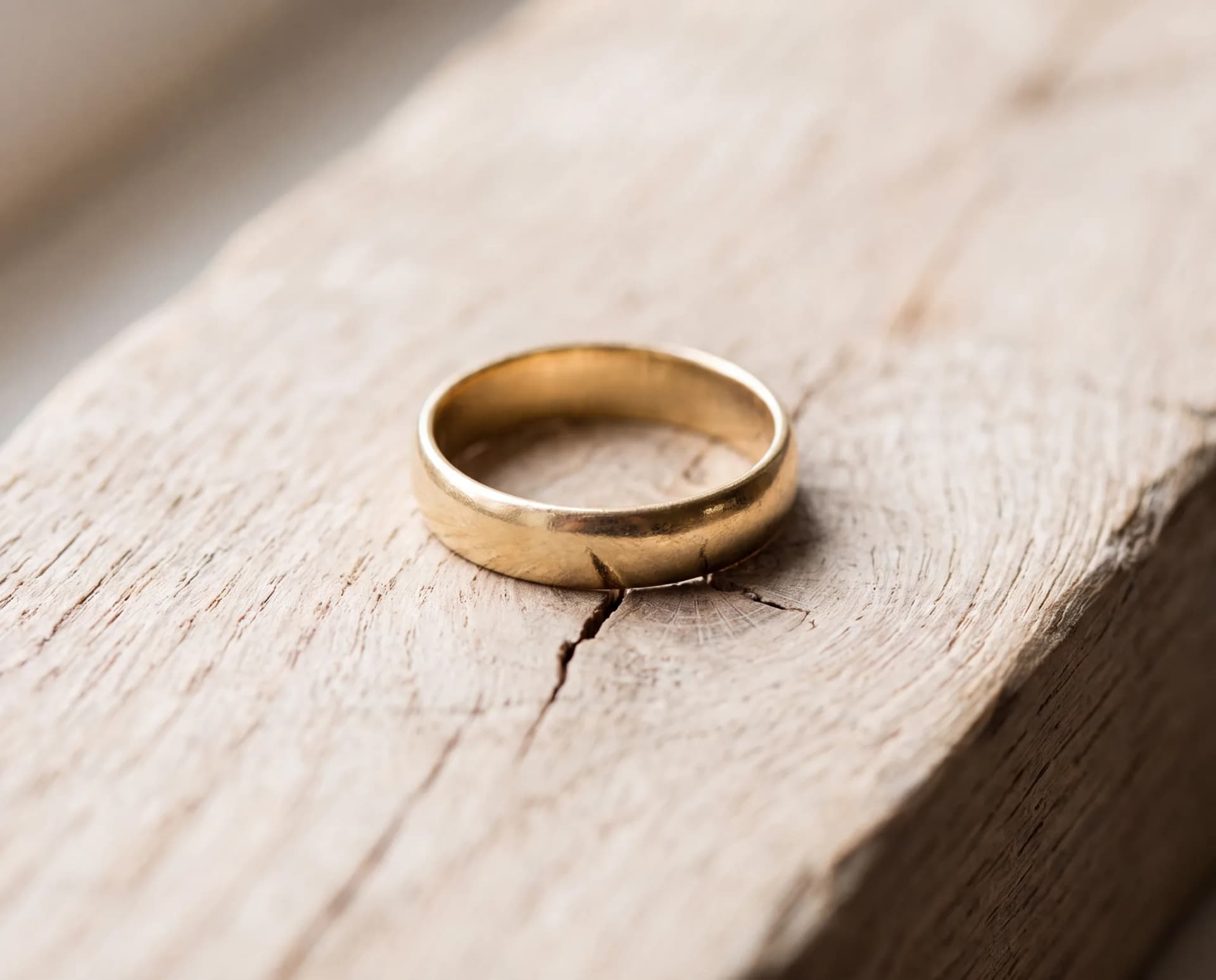 A gold band on a pale wood surface with a hairline crack through the bottom of the shank