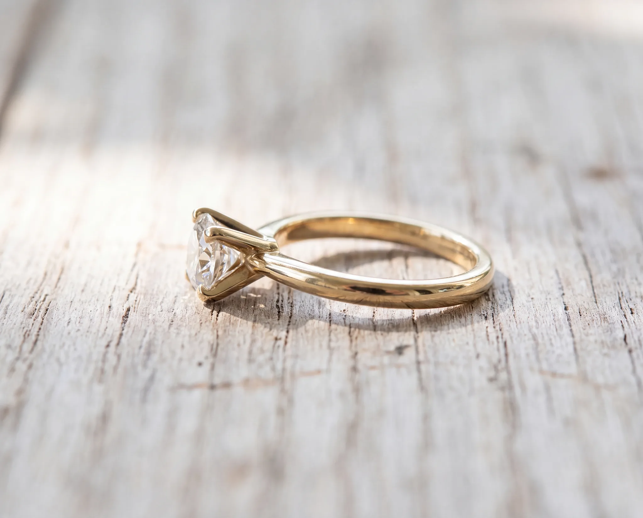 A gold solitaire ring on a pale wood surface with its diamond setting tilted and loose on the shank