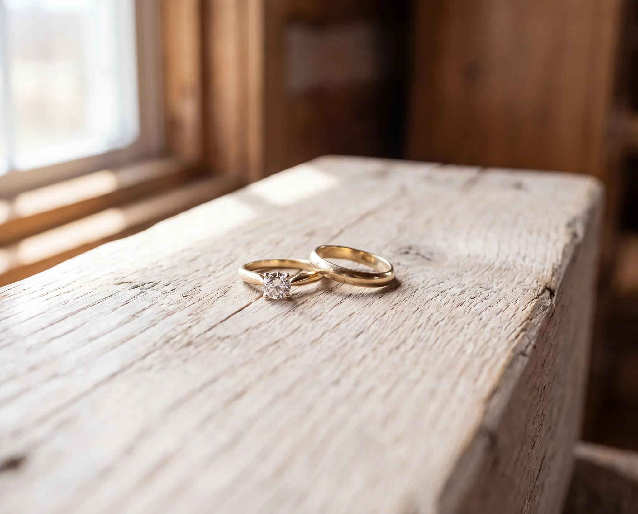 A gold engagement ring and its wedding band lying misaligned and rotated apart on a pale wood surface