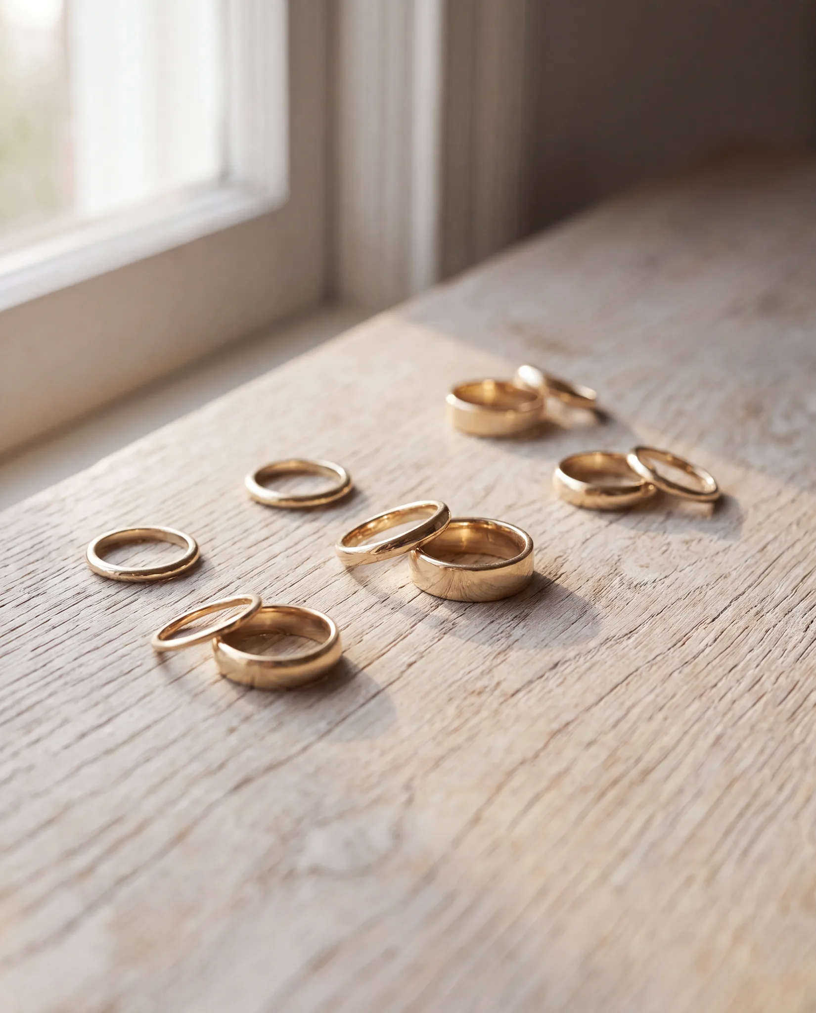 A collection of yellow gold wedding bands in varying widths on a pale wood surface