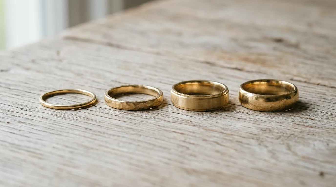 Four yellow gold wedding bands of different widths lined up on a pale wood surface