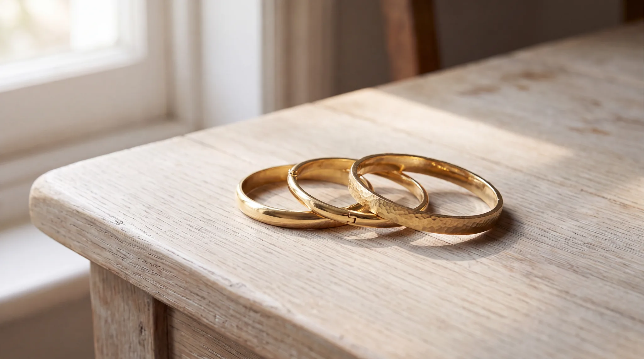 Three yellow gold bangles resting together on a pale wood surface
