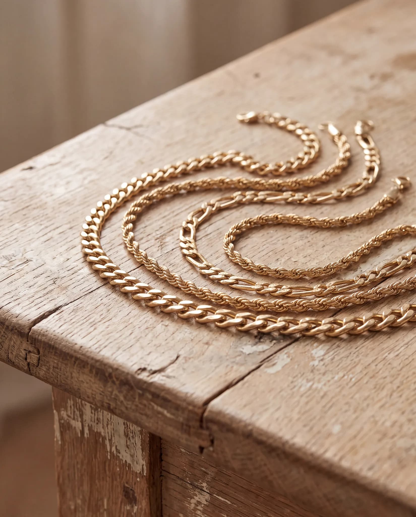 Several yellow gold bracelets in different link styles on a pale wood surface