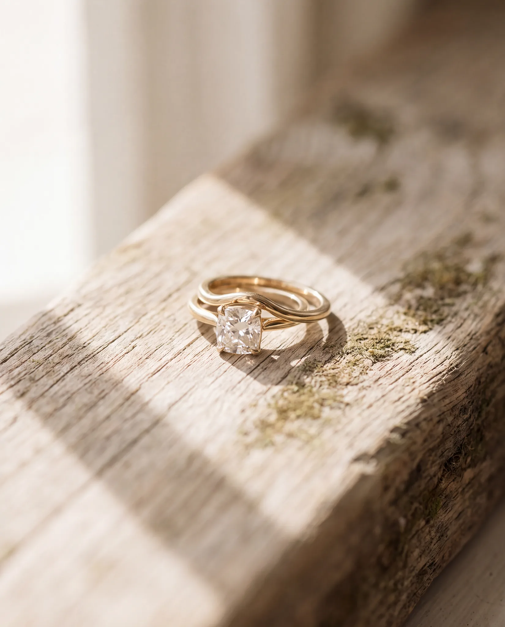 A yellow gold engagement ring and its matching wedding band nested together on a pale wood surface
