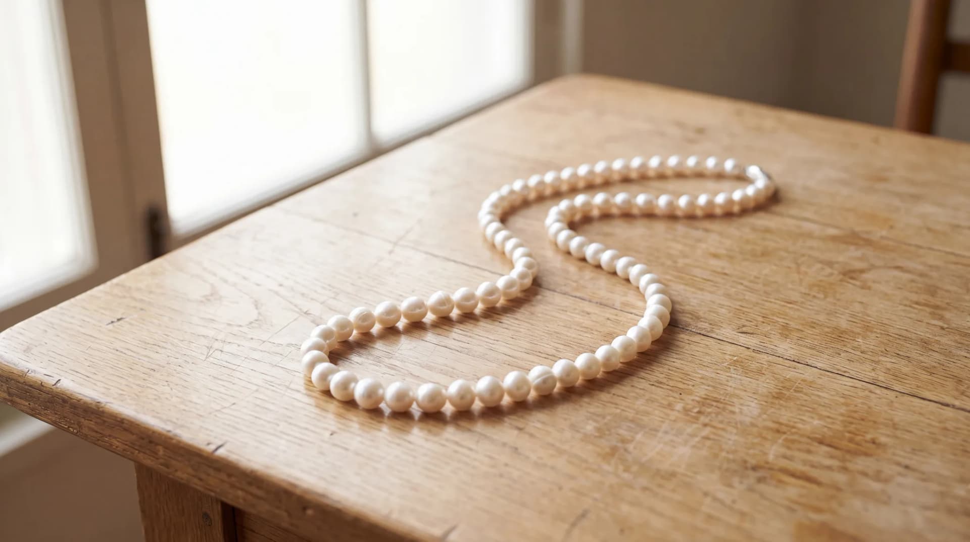 A long white pearl necklace laid in a sweeping curve on a pale wood surface