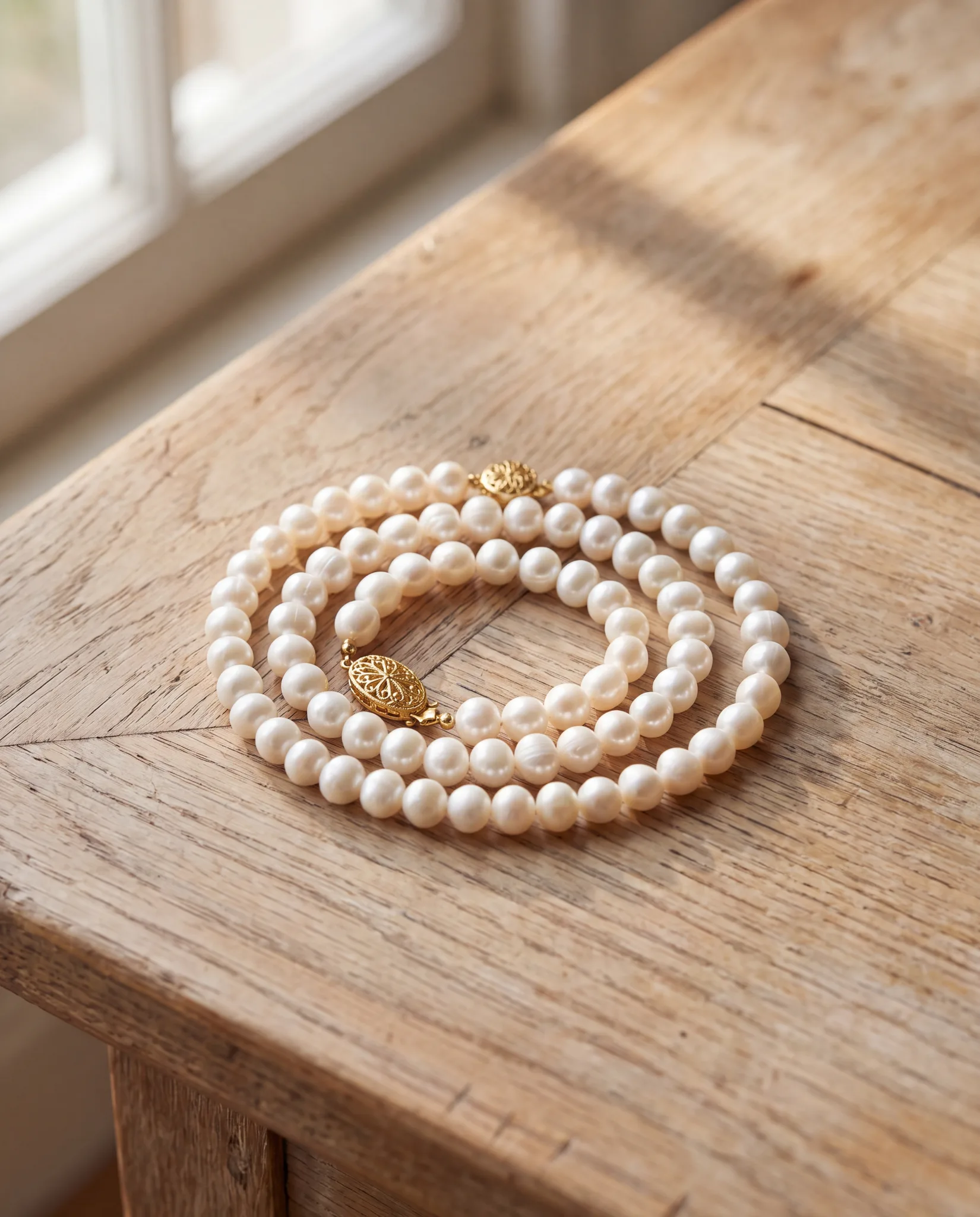 Two white pearl strands with gold clasps coiled on a pale wood surface