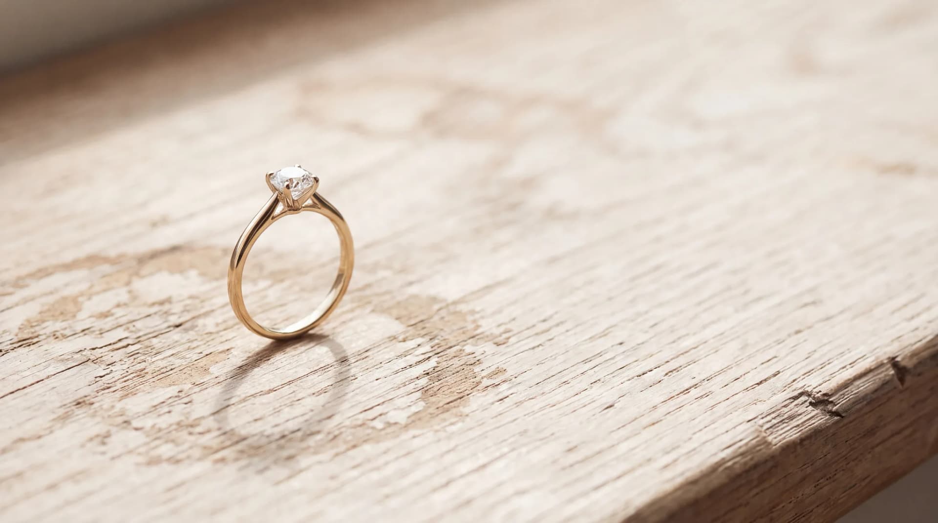 A yellow gold solitaire engagement ring standing on a pale wood surface