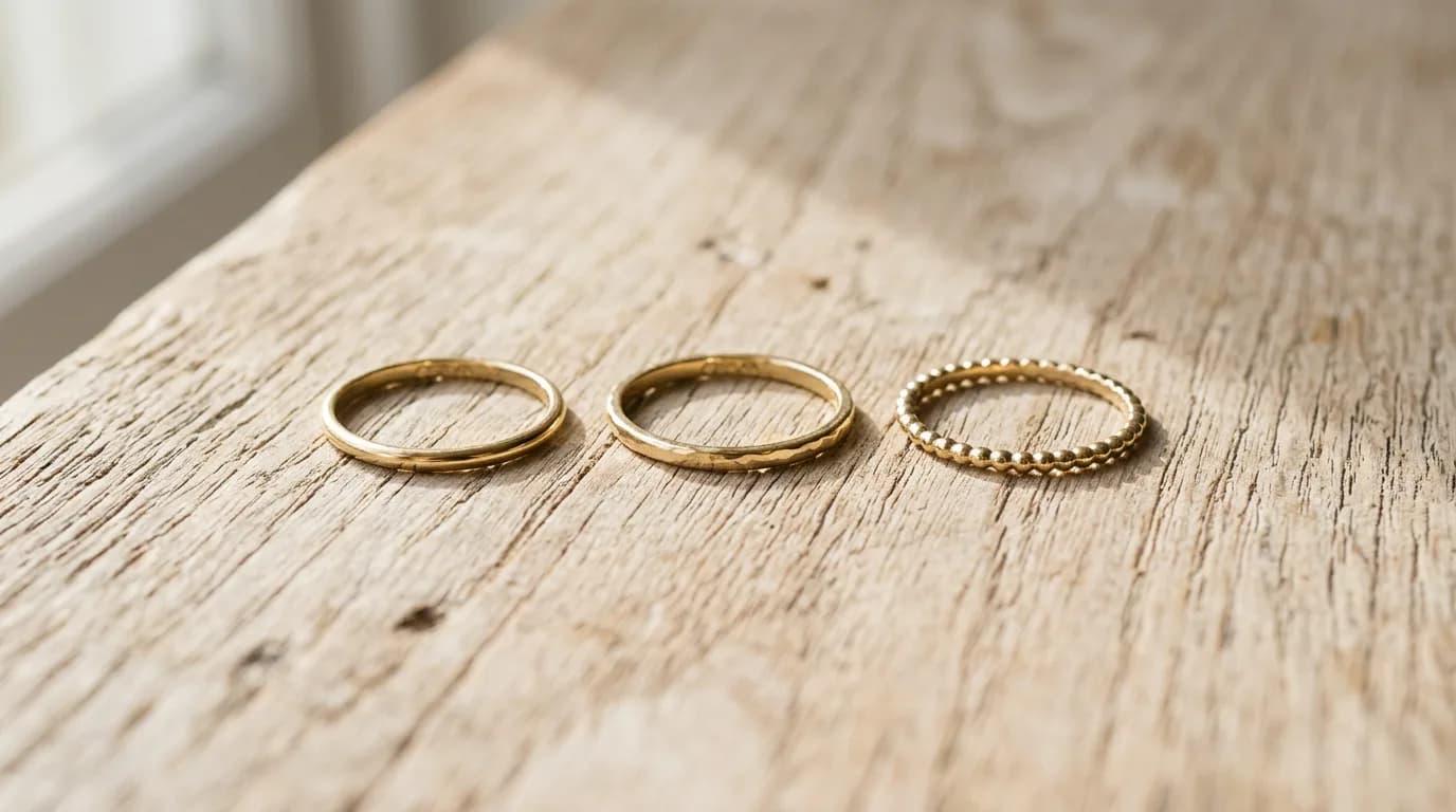 Three slim yellow gold stacking rings in a row on a pale wood surface