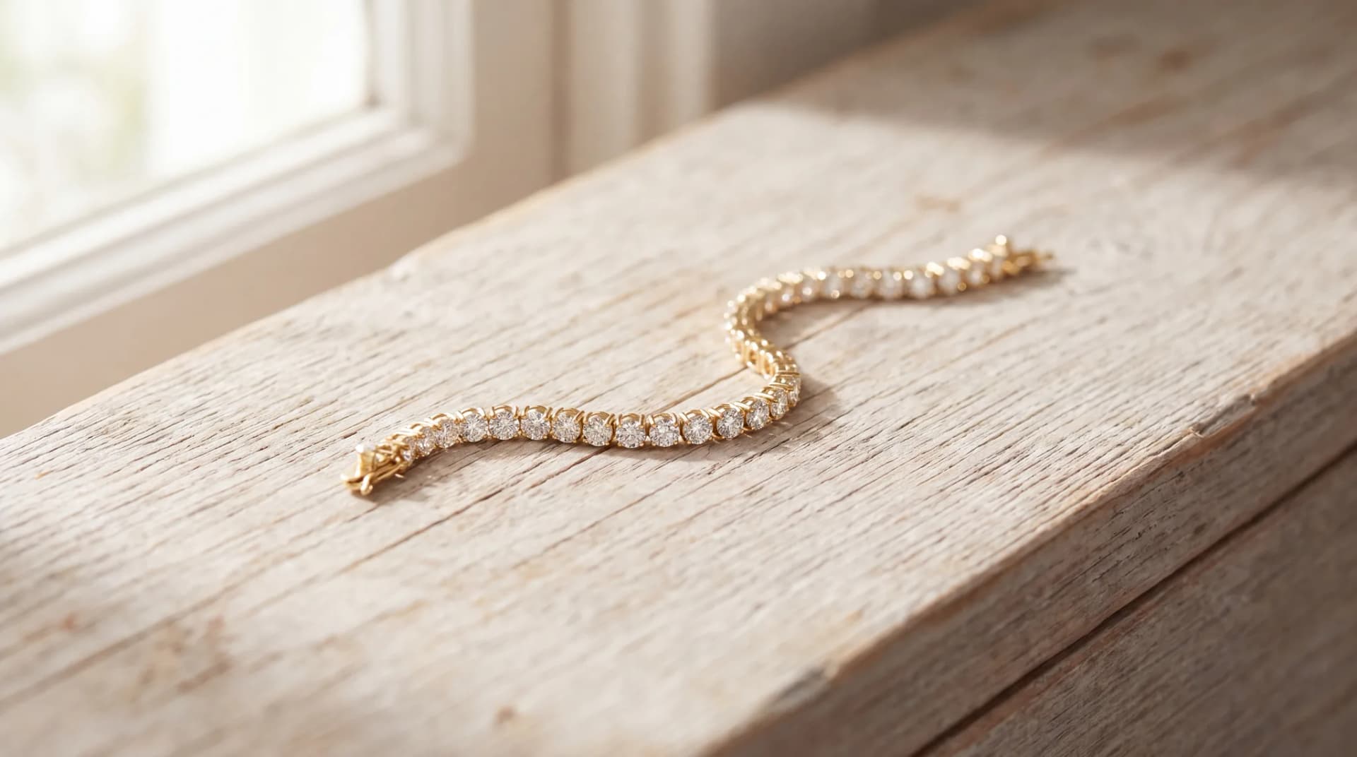 A yellow gold diamond tennis bracelet laid in a curve on a pale wood surface