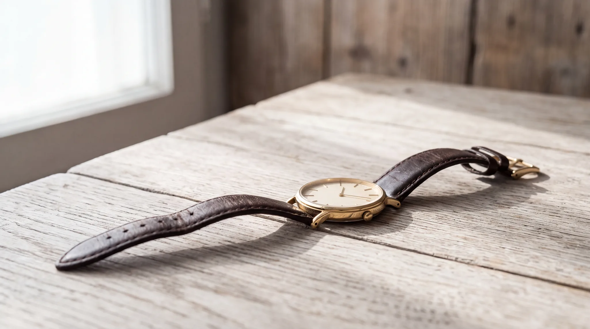 A gold wristwatch with a cream dial, lying on its dark brown leather strap on a pale weathered oak table at ATL Luxury Jewelry, Snellville GA