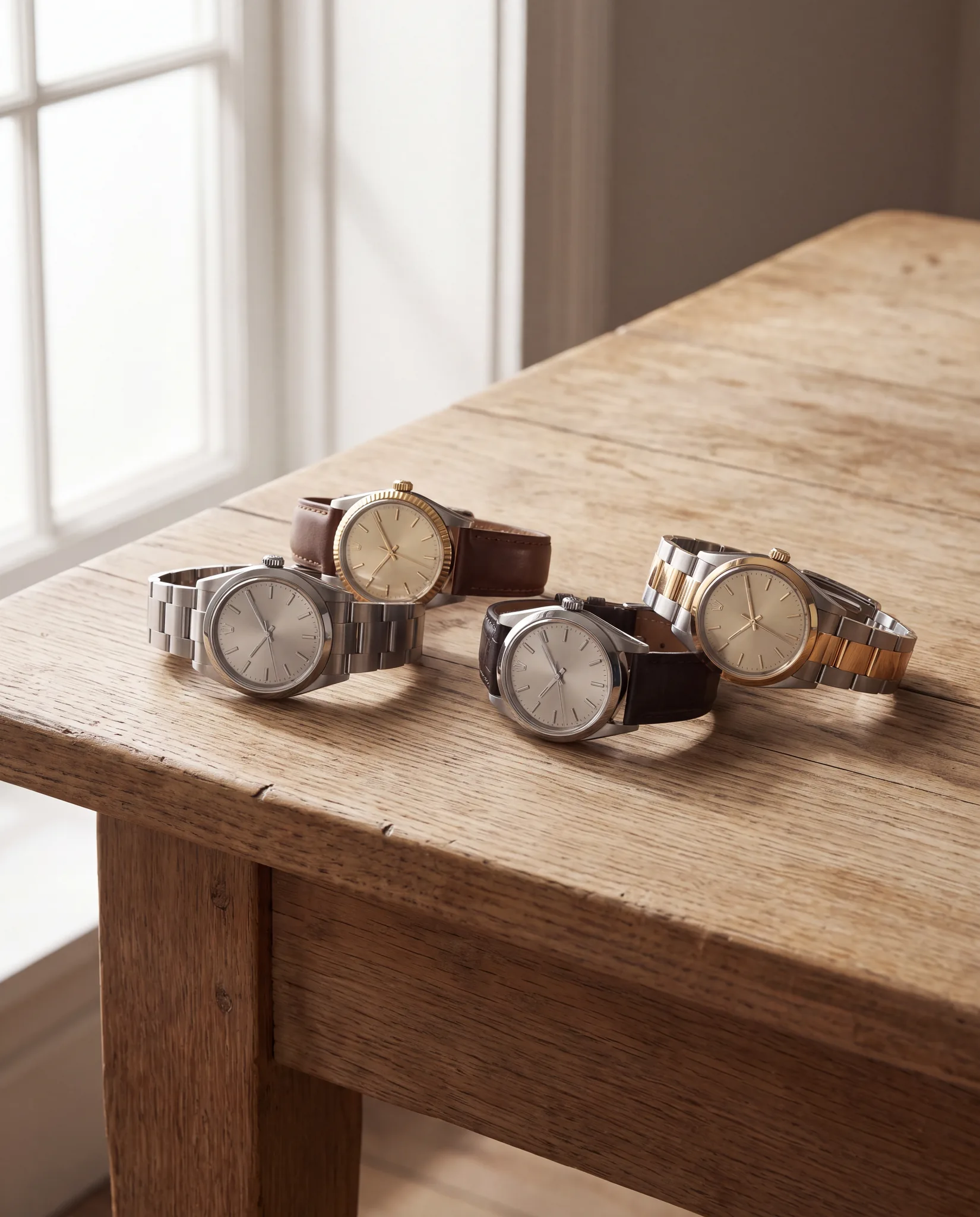 Four wristwatches with silver and champagne dials on steel, two-tone and brown leather bands, arranged on a pale weathered oak table in soft window light at ATL Luxury Jewelry, Snellville GA