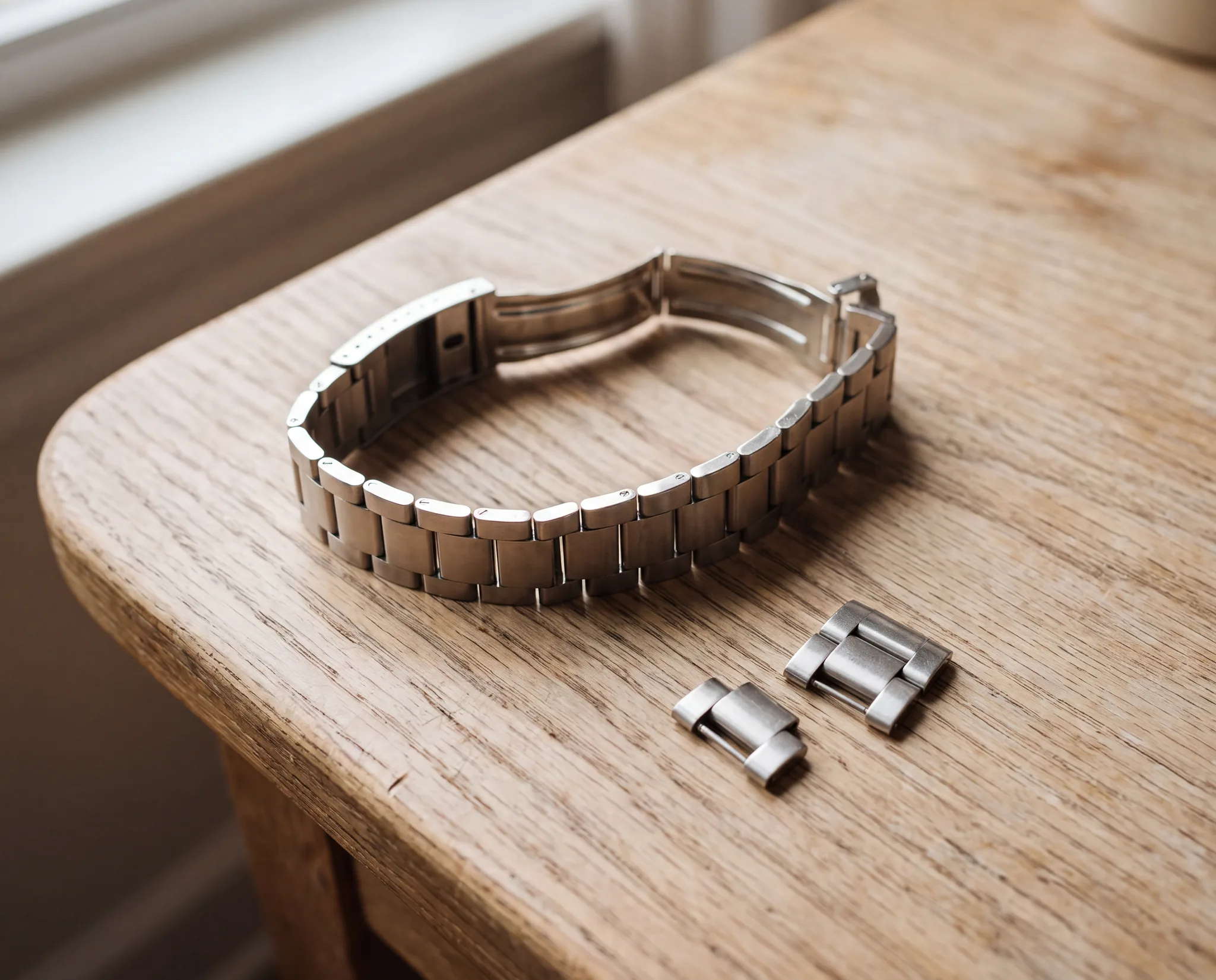 An open steel watch bracelet coiled on a pale weathered oak table, with two loose links beside it at ATL Luxury Jewelry, Snellville GA