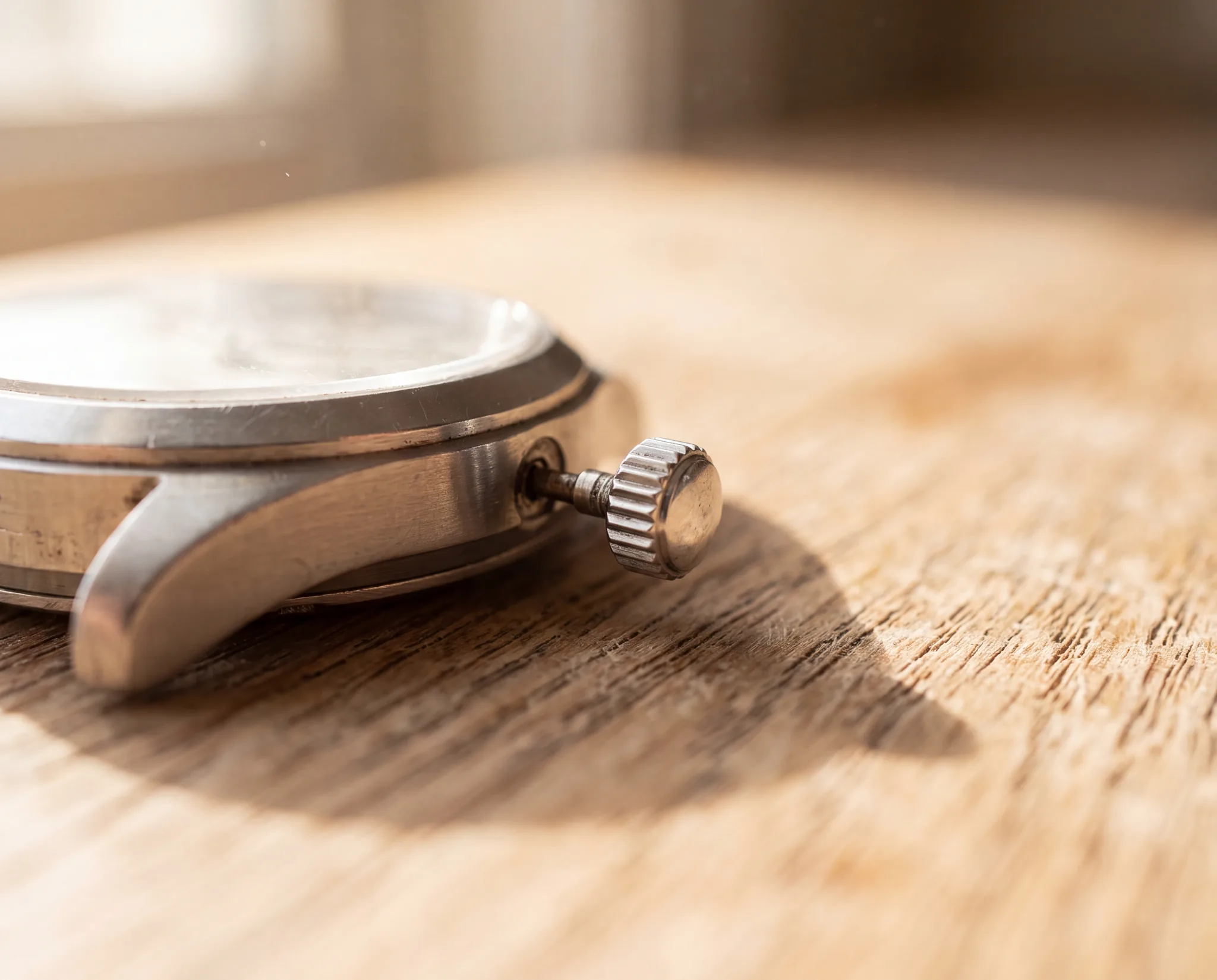 A steel watch case seen from the side, its crown pulled away from the case, on a pale weathered oak table at ATL Luxury Jewelry, Snellville GA