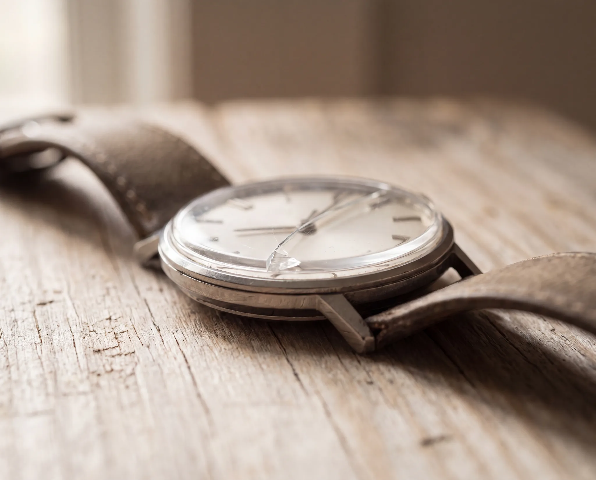 A wristwatch lying on its side on a pale weathered oak table, with a visible crack in its crystal at ATL Luxury Jewelry, Snellville GA