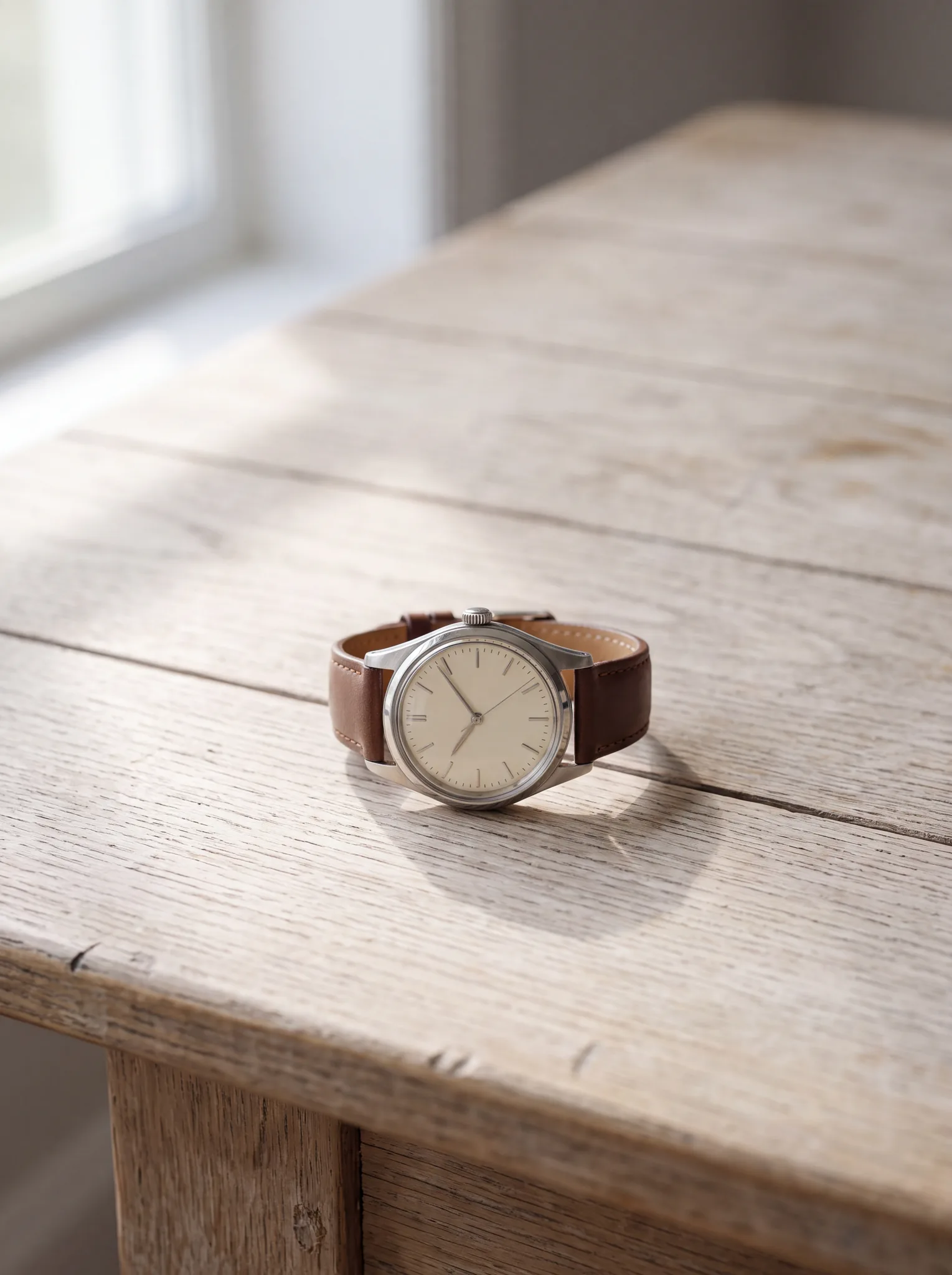 A closed steel dress watch with a plain cream dial and baton hands on a brown leather strap, lying on a pale weathered oak table in soft window light at ATL Luxury Jewelry, Snellville GA