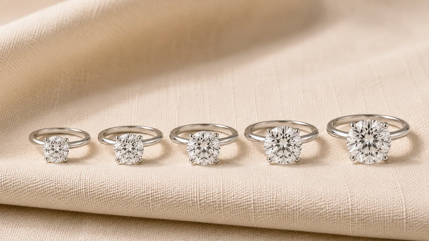 Diamond rings in 1, 2, 3, 4, and 5 carat sizes shown side-by-side at ATL Luxury Jewelry Atlanta