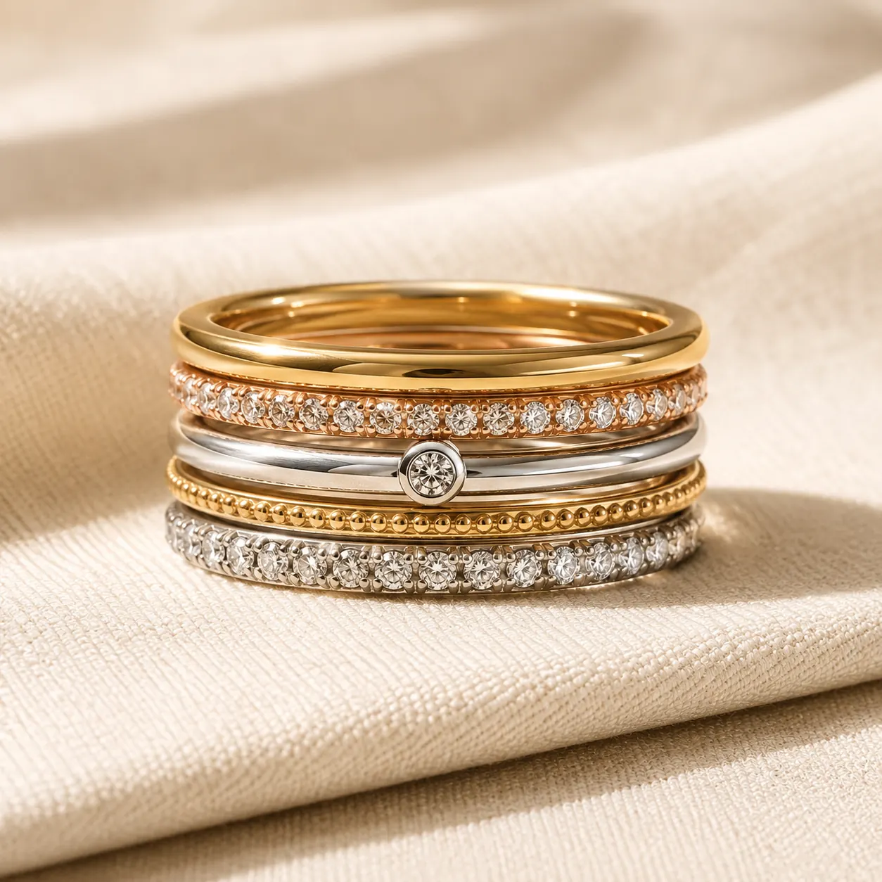 Stackable rings in mixed metals — yellow gold, rose gold, white gold, and pavé diamond bands stacked together at ATL Luxury Jewelry Atlanta