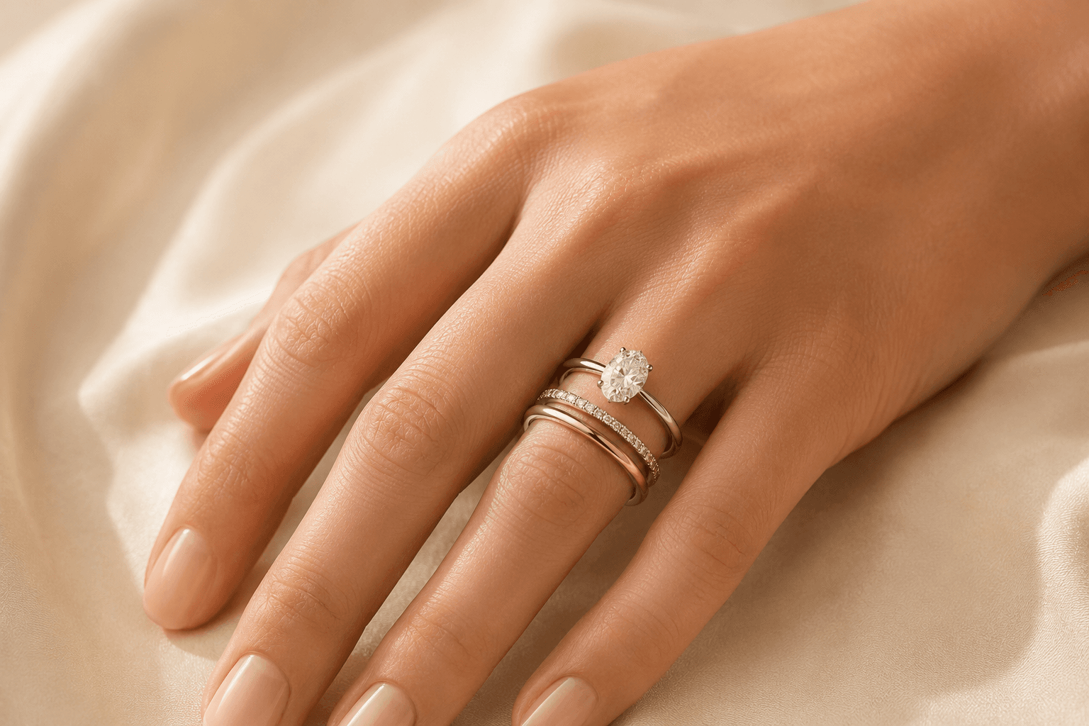 Stack of diamond and gold fashion rings on a hand at ATL Luxury Jewelers showroom