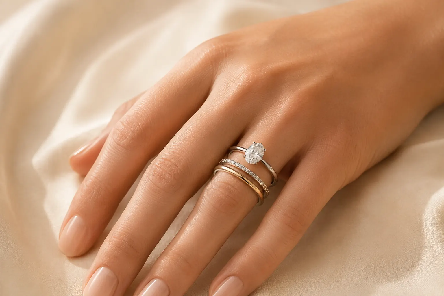 Stack of diamond and gold fashion rings on a hand at ATL Luxury Jewelry showroom