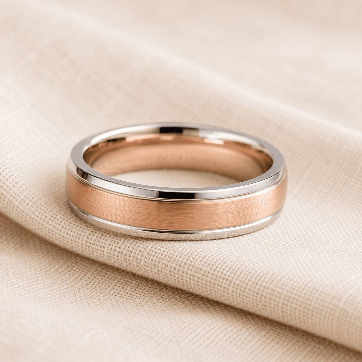 Two-tone rose gold and white gold wedding band on cream linen at ATL Luxury Jewelers Atlanta