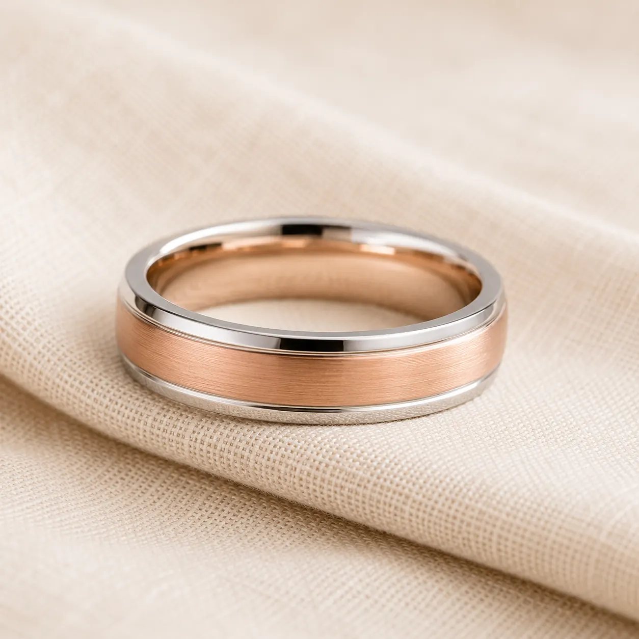 Two-tone rose gold and white gold wedding band on cream linen at ATL Luxury Jewelry Atlanta