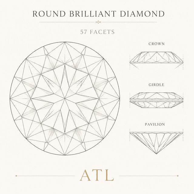 Round brilliant diamond facet diagram showing 57 brilliant facets and Tolkowsky ideal proportions