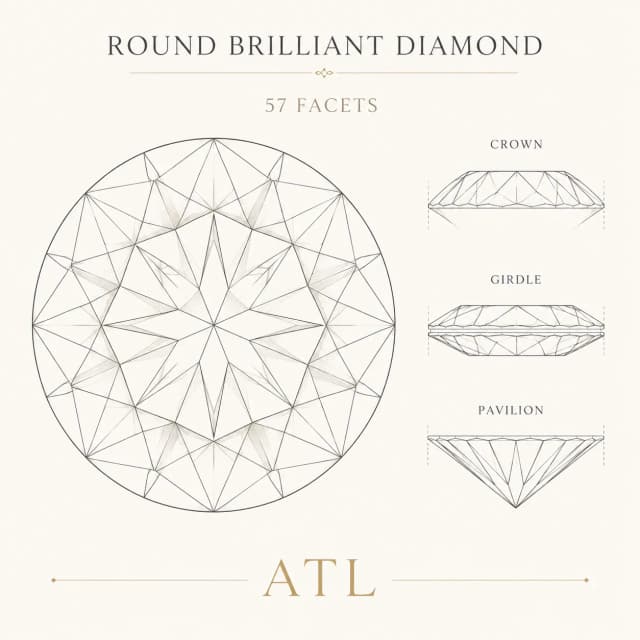 Round brilliant diamond facet diagram showing 57 brilliant facets and Tolkowsky ideal proportions