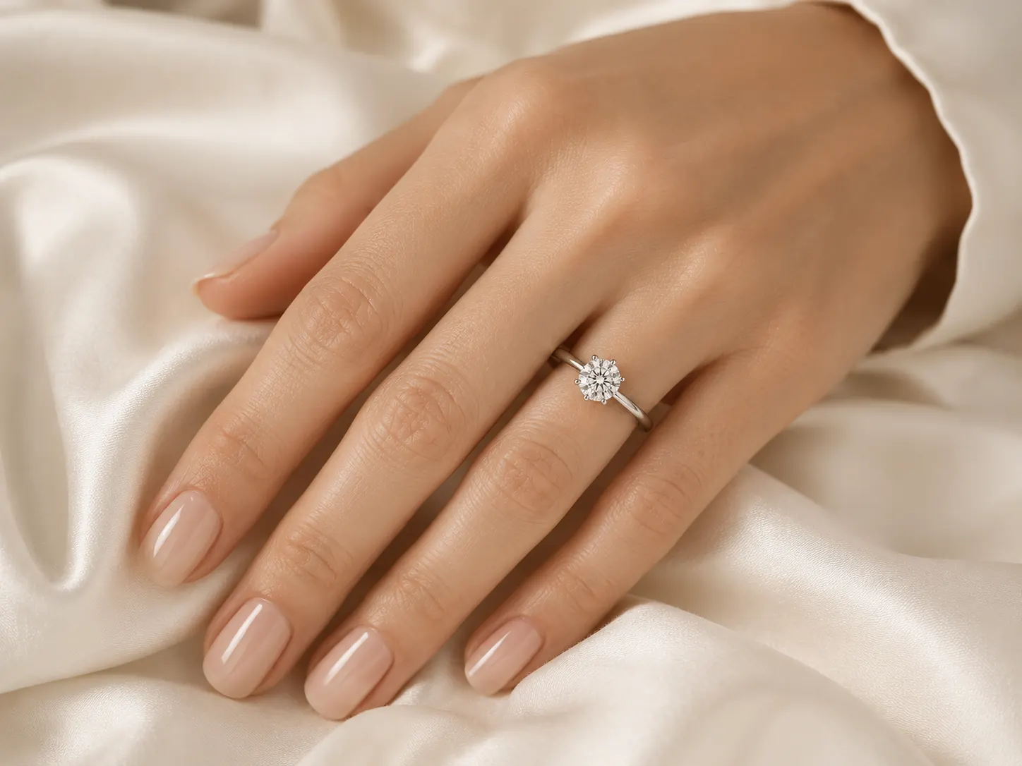 Round brilliant diamond engagement ring on a woman's hand resting on cream silk