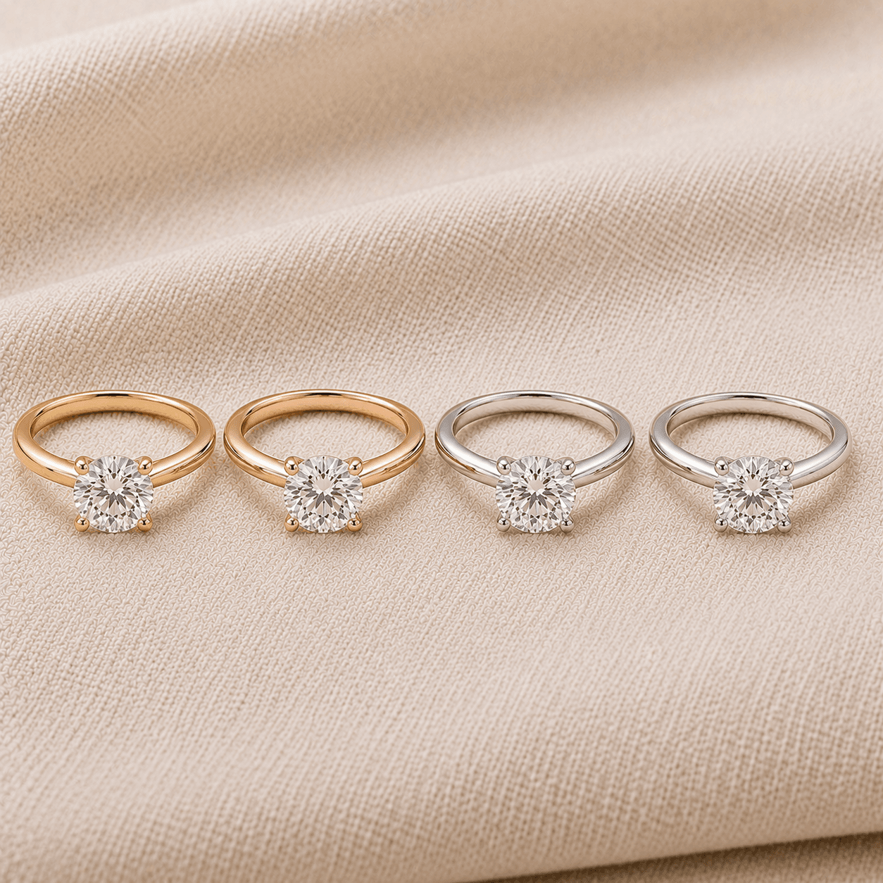 Round engagement rings in white gold, yellow gold, rose gold, and platinum at ATL Luxury Jewelers Atlanta