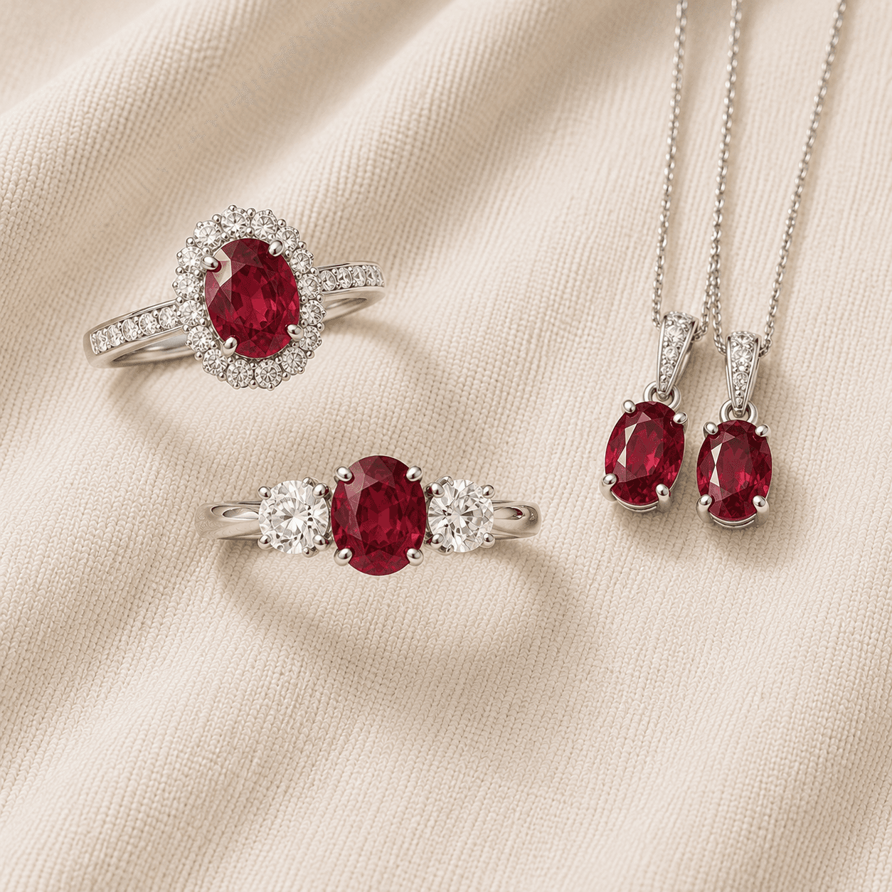 Ruby halo three stone engagement ring pendant tennis bracelet at ATL Luxury Jewelers Atlanta