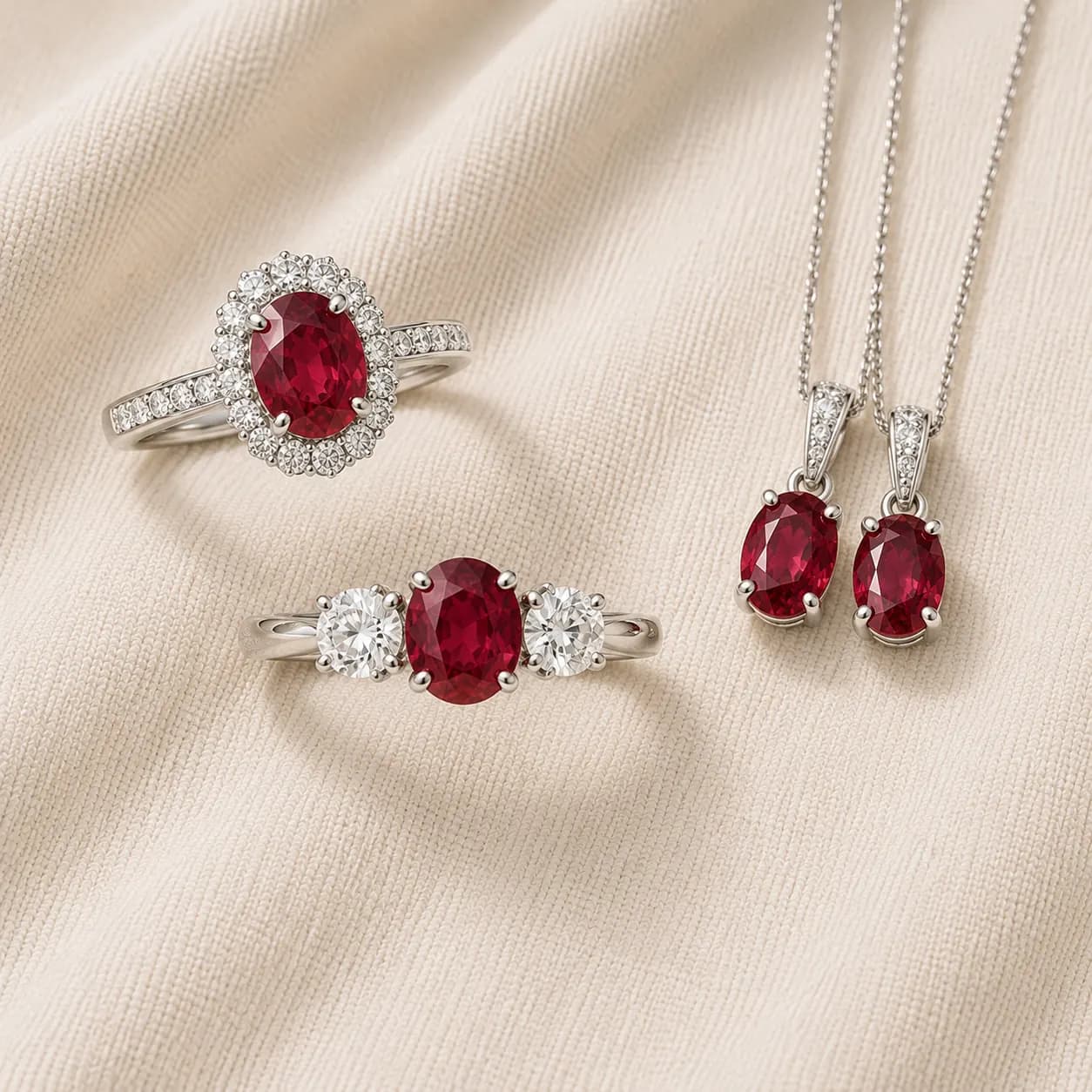 Ruby halo three stone engagement ring pendant tennis bracelet at ATL Luxury Jewelry Atlanta