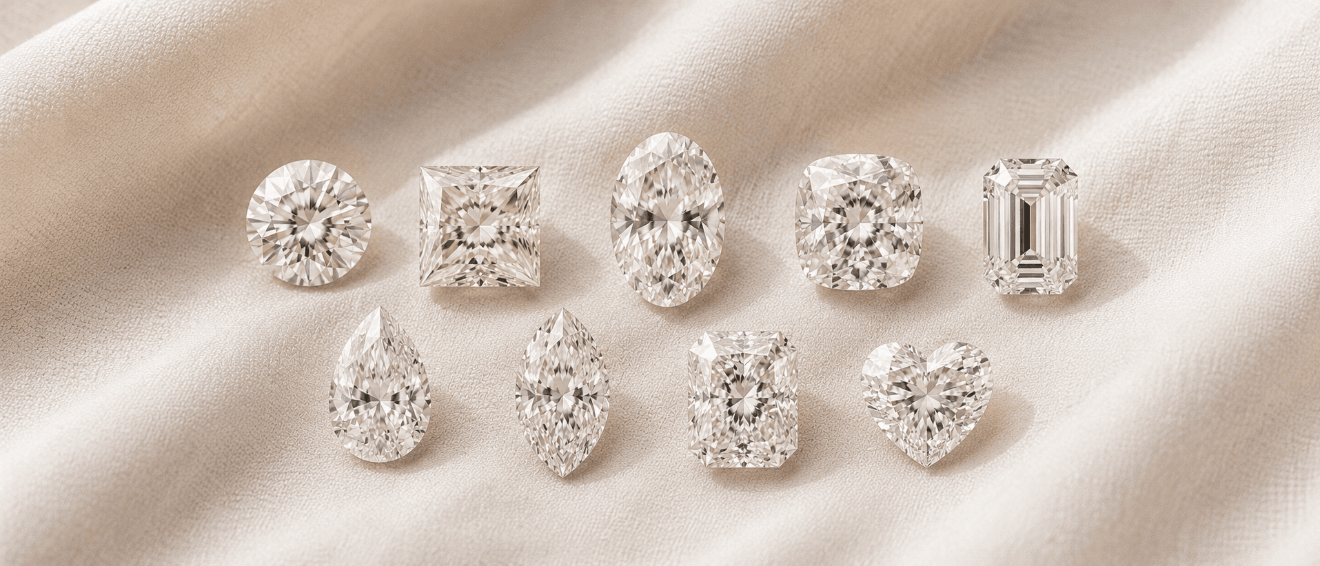 Diamond engagement ring shapes including round, oval, princess, cushion, emerald, pear, marquise, radiant, and heart cuts on cream linen